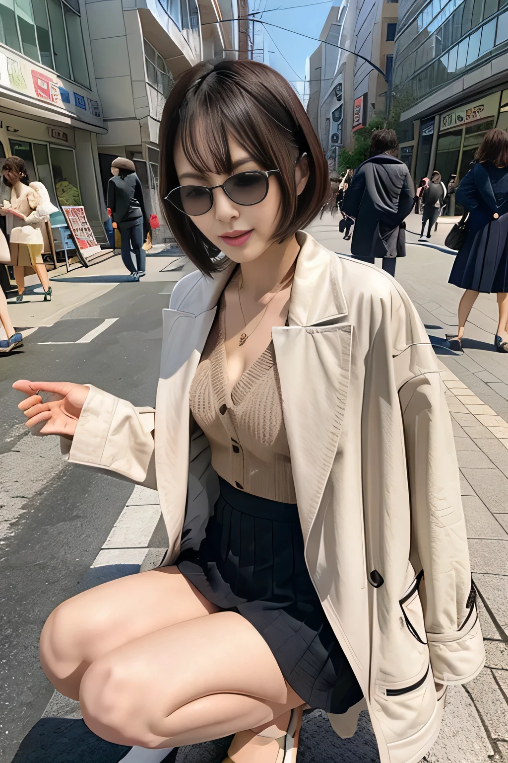 (remote_play), (remote_vibrating), ulzzang-6500-v1.1, pureerosface_v1, best quality, masterpiece, illustration, (realistic, photo-realistic:1.37), amazing, finely detail, incredibly absurdres, huge filesize, ultra-detailed, highres, extremely detailed CG unity 8k wallpaper, ray tracing, nsfw, 1girl, Japanese mature woman,jukujo, (Dark blonde short wave hair over one eye:1.3), (Slender body),(wearing jacket over V-neck sweater,wearing pleats skirt),(blushing:1.4),(cleavage), closed eyes, We witness an individual overwhelmed by the intense stimulation caused by a powerful vibrating device. The jolts of pleasure or surprise prompt them to instinctively crouch down, their knees bending as their body responds to the electrifying vibrations. With closed eyes and an open mouth, their expression conveys a mixture of pleasure, surprise, and a hint of vulnerability. The energy in the scene is palpable, as the viewer is invited to share in the subject's thrilling experience.,(Glasses:1.3),