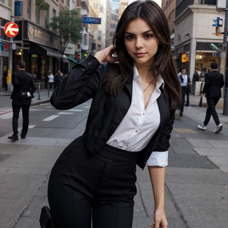 Victoria Justice dressed in a dress shirt and black pants