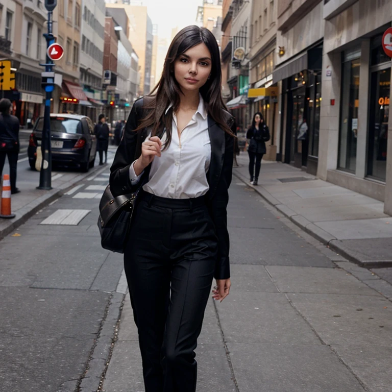 Victoria Justice dressed in a dress shirt and black pants