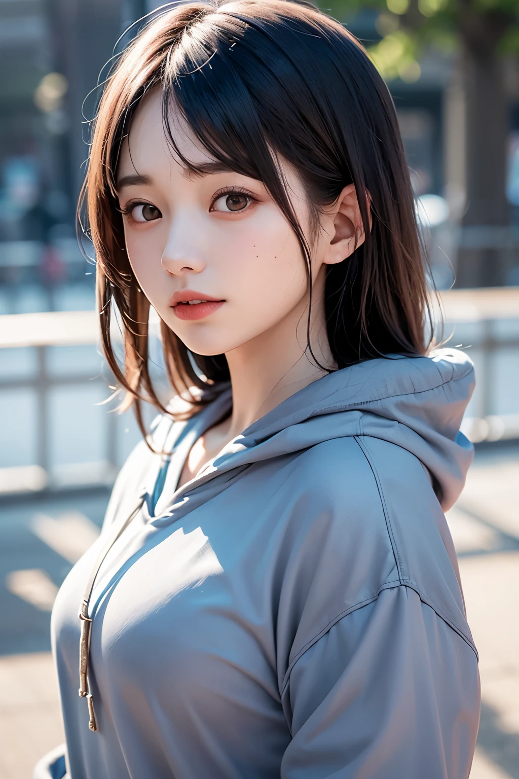 (1 nogizaka girl,raw photo,photo realistic:1.5),(best quality, high quality,HDR, highest quality,ultra high resolution,high resolution,high res,ultra high difinition,huge file size,8K,2K wallpaper,8K wallpaper,high quality texture,amazing,an extremely delicate:1.4),one girl, Japanese famous idol,beautiful face,small face,absurd,ridiculous,incredibly ridiculous,portrait,breasts close up,blurry background,(hoodie,no makeup:1.2),medium skin,beautiful skin,detailed skin,small head,black hair,silky hair,(Japanese eyes:1.3),detailed eyes,black eyes,Japanese idol eyes,Japanese nose,5-fingers,(eyebrow:-0.5),(Light Particles, Lens Flare, Luminous Particles: 0.7),looking at viewer,bright lighting,professional lighting,girl