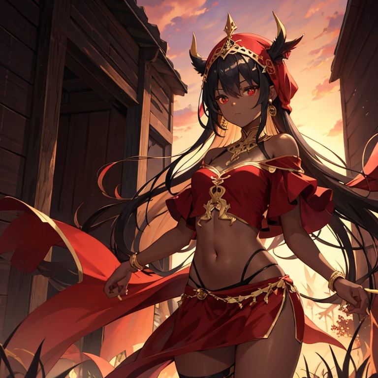 thighs、dark skin、Red clothes、belly button、shoulder、turbaned、The background is the wilderness、outside、long hair、red eyes、Red sunset、