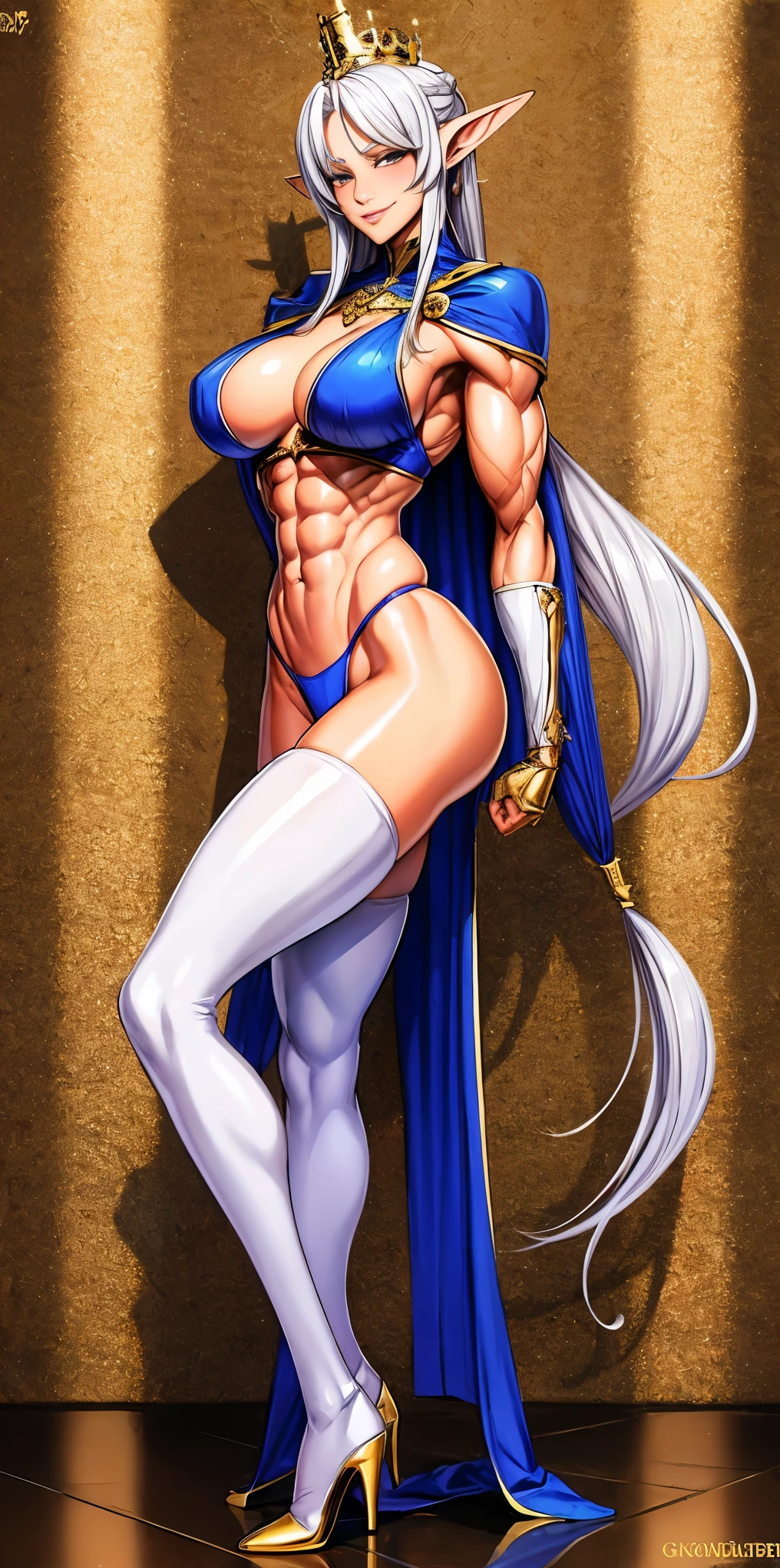 extremely long hair, ponytail, perfect anatomy 1 girl tall solo, slim thick, ((muscular)) high elf toned body, silver breast plate, blue cape, slendered abs, hourglass waist, detailed face, defined cheekbones, puffy lips, gauntlets, gold crown, shadow over eyes, looking at viewer, masterpiece, white thigh highs lingerie, lustful smirking smile face red blushed red cheeks, 2 high heels feet together