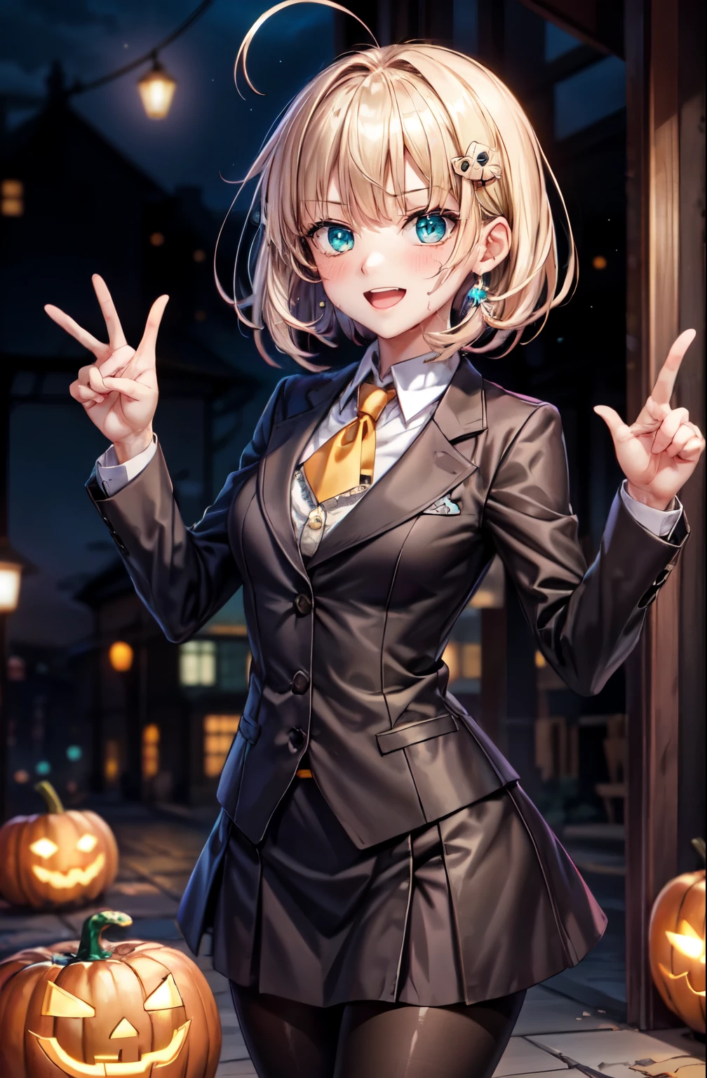 woman,************,,city,(((Beige blazer school uniform))),open mouth smile, ((There are two stray hairs coming out of my head.)), ((美味しそうなhair ornaments)), ((baby girl body shape)), 1 girl, Artoria Pendragon,destiny,aphrodisiac,Lie,Things to know,full of sweat,Wet Area, Areol, defenseless,embarrassing,please be shy,Knead the milk,Emphasis on milk,Len,breast milk, Knight King,Noble,ring,既婚woman, Pointing straight up, (highest quality:1.1), (masterpiece:1.4), (absurd:1.0), Portrait, Close-up, 1 girl、Momoberia Deviluke、hair ornaments、Beautiful bob cut、beautiful short hair、emerald blue eyeedium chest、looking at the viewer、(blush:1.2)、embarrassed look、Mesh pantyhose、black background、((Pumpkin lantern)), Striped pattern, ((Has a troubled look)), ((There are Western-style sweets everywhere.)), ((V sign)), ((cute gesture))