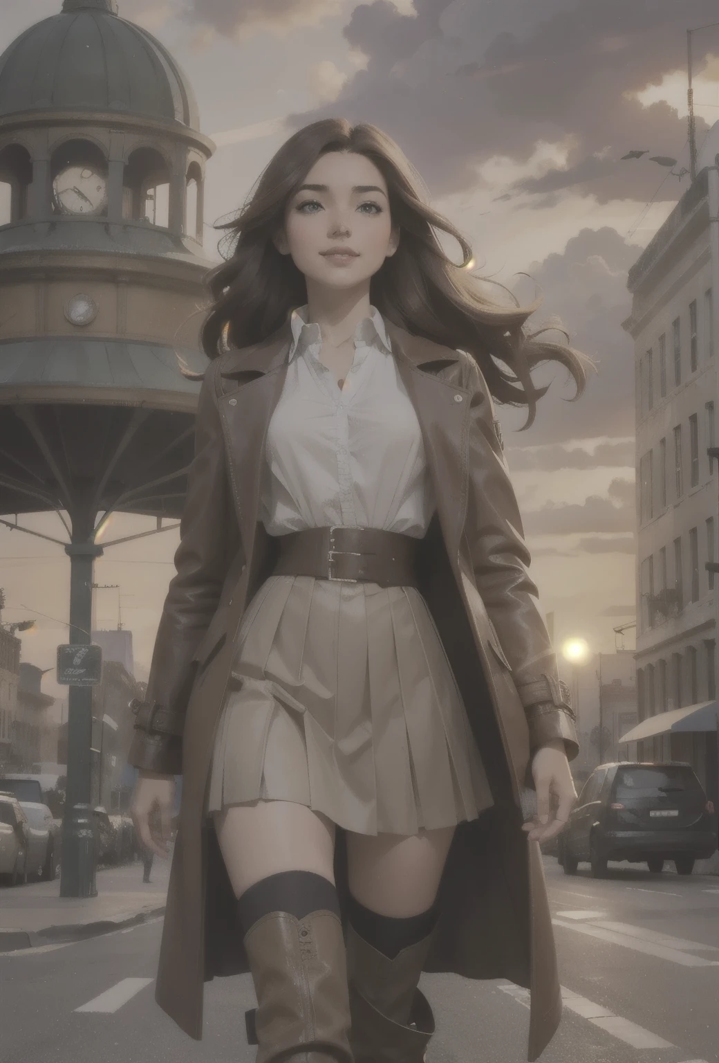 Realistic visuals, captivating beauty, dramatic contrasts, soft lighting, delicate warmth, soft light, ultra high definition, colorful, best quality, perfect female figure, high dynamic range, unparalleled masterpieces, pale skin, makeup, landscape, steampunk, cloud, sky, gear, nobody, building, outdoors, urban, science fiction, sunset, crane (machine), 1girl, long_hair, boots, brown_hair, skirt, brown_eyes, knee_boots, smile, outdoors, corset, open_mouth, looking_at_viewer, street, city, road, long leather coat, shirt, solo_focus, pleated_skirt, building, long_sleeves, belt, blush, pouch, holding, sign, bag, white_shirt, full body