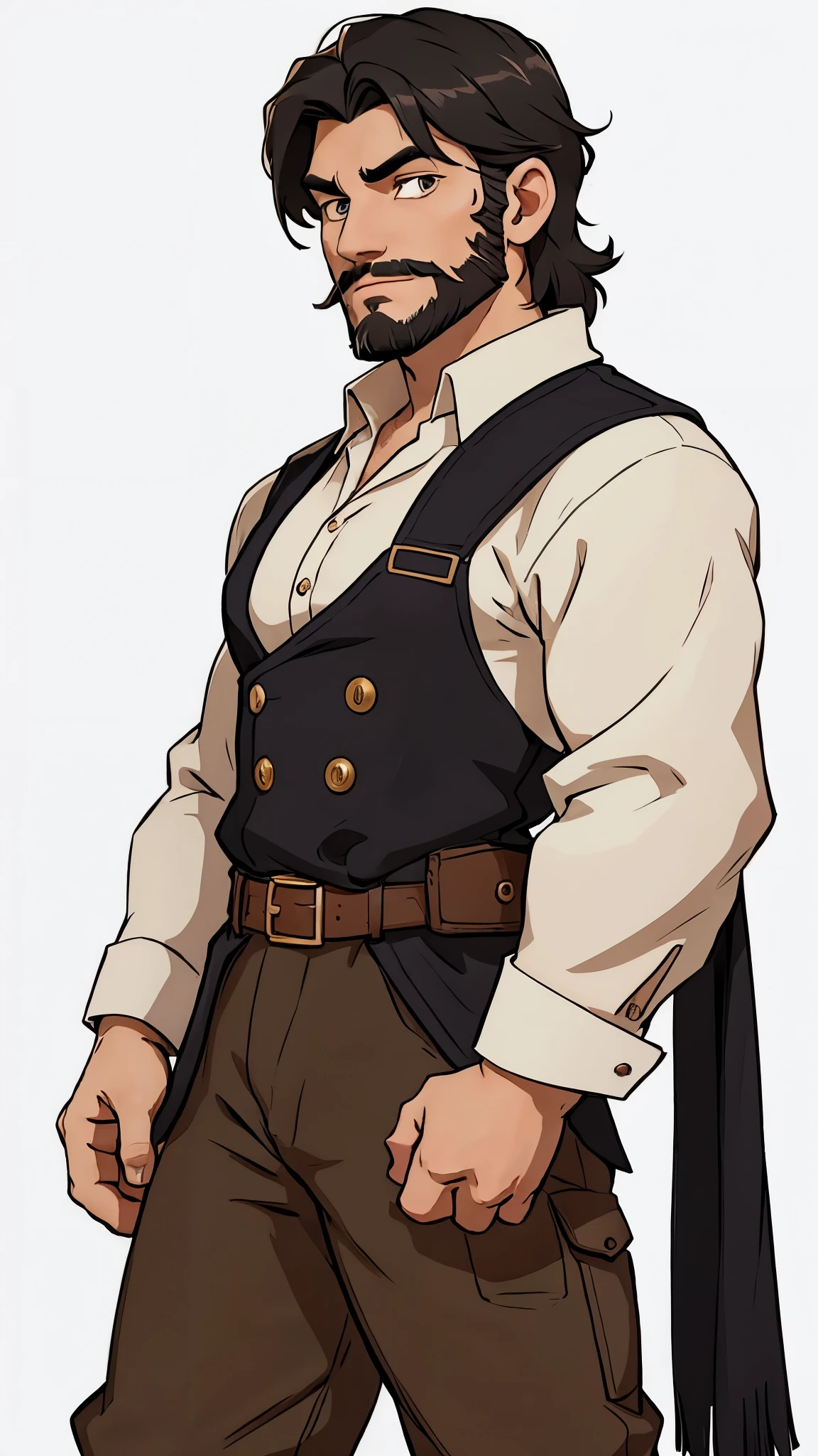 1 caucasian Man solo, solo. he has a short black beard and he has black flowing hair. Cowboy. Dark Western outfit. White background