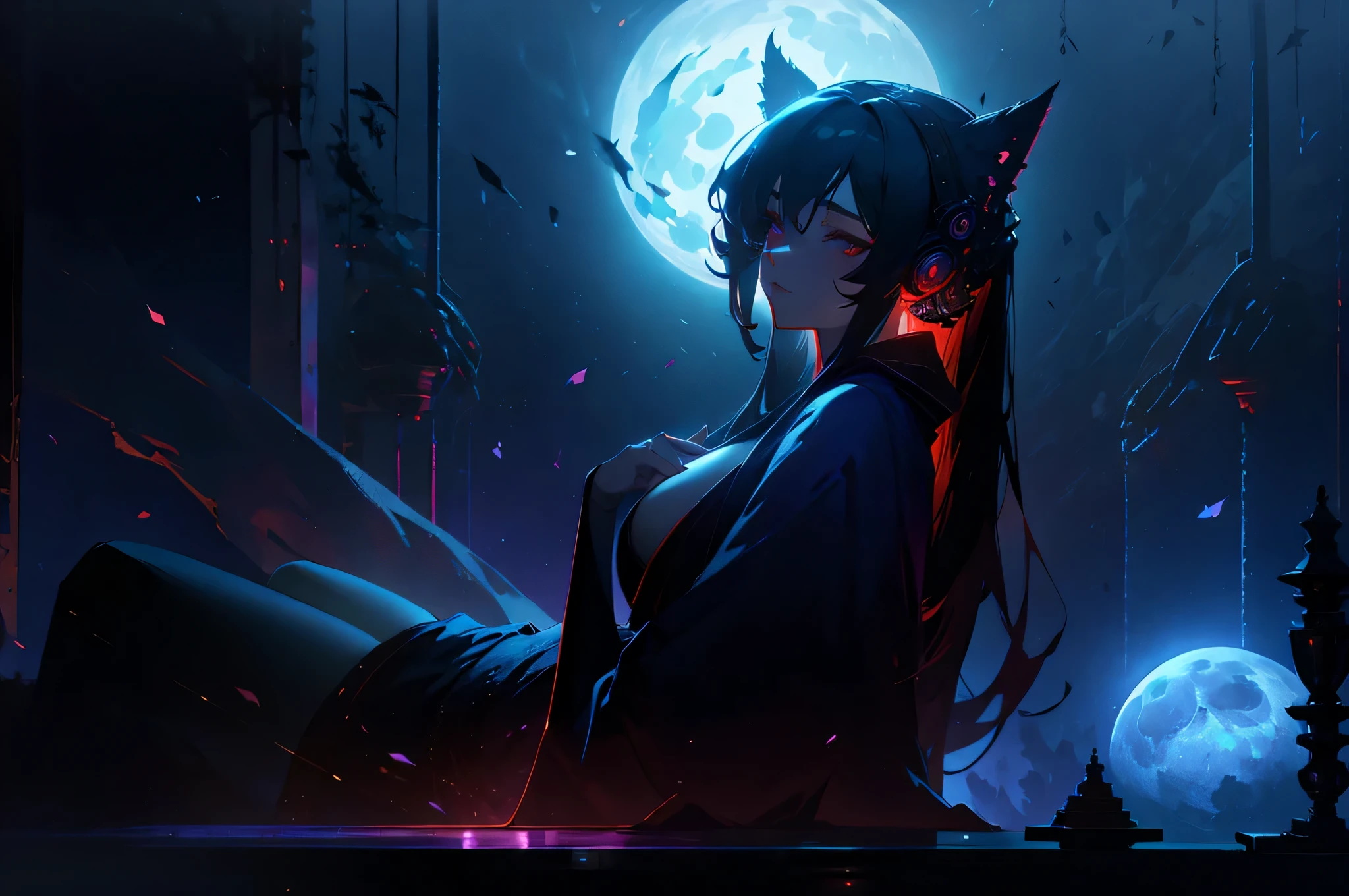 A woman wearing a bathrobe and headphones is lying on the bed、A beautiful night view behind、Big Breasts、sexy、Room with a night view、Moonlight、Unbuttoned、Half naked、Beautiful woman looking back、Butt、Beautiful buttocks、Downlight、full moon、Stylish room with fireplace、Silver Hair