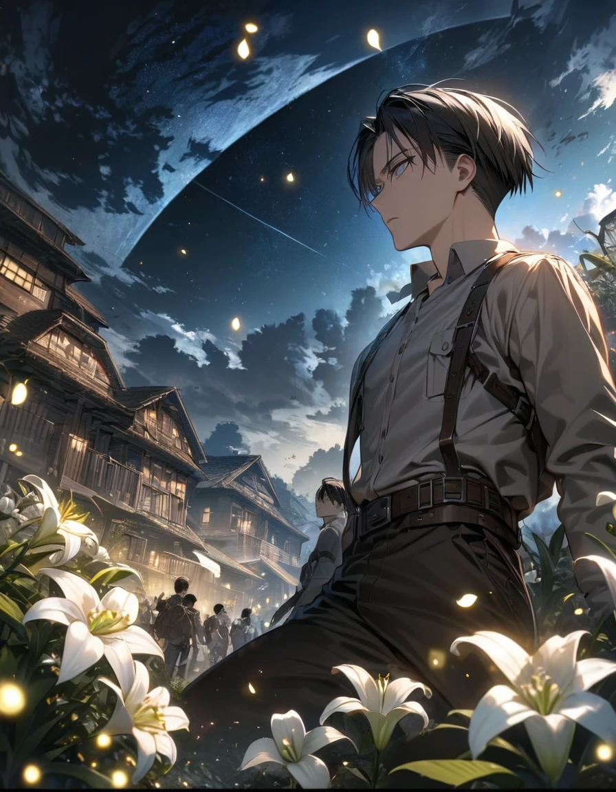 absurdres, highres, ultra detailed, HDR, master piece, best quality, Levi Ackerman, black hair, expressive grey eyes, Attack On Titan, 1man, handsome, petals, white lilies, moon, starry sky, fireflies