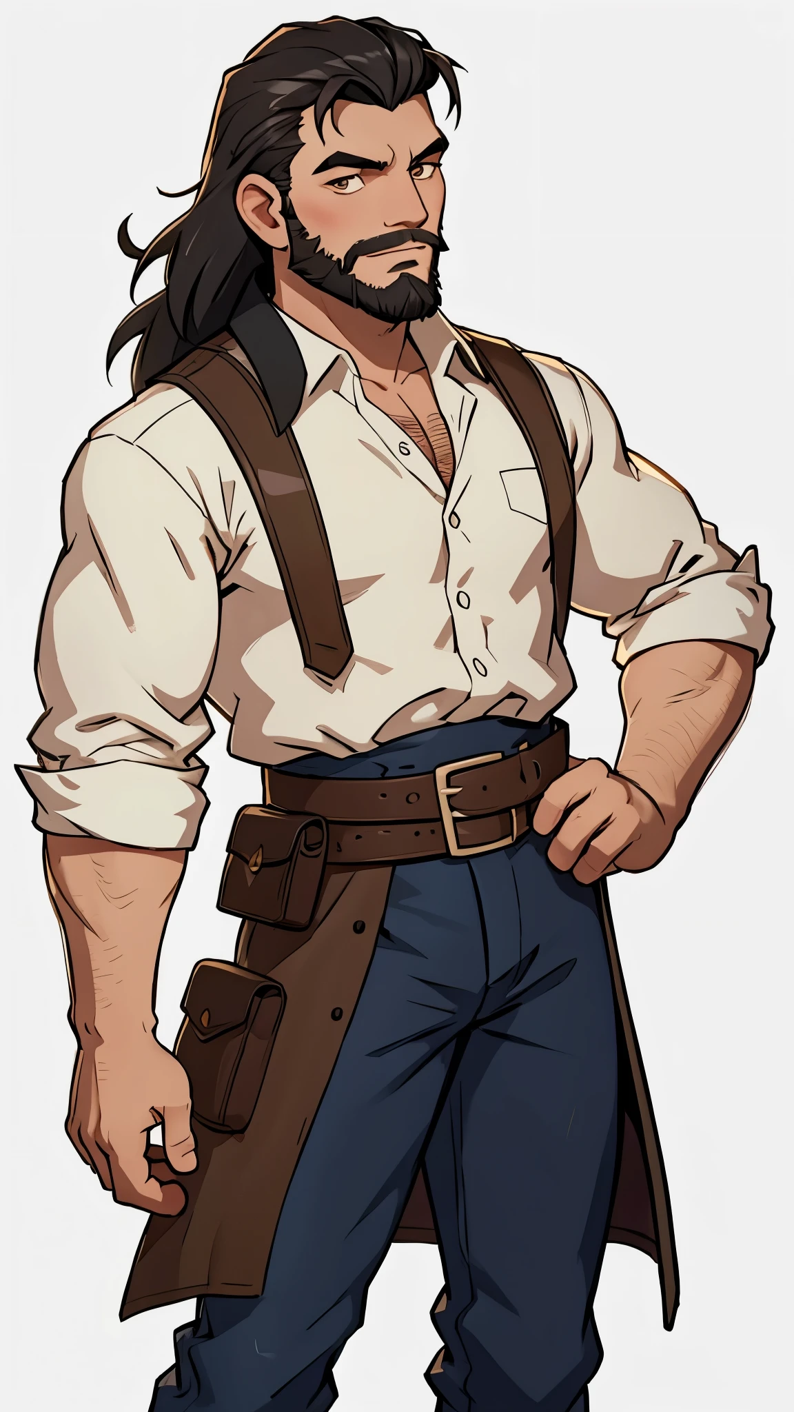 1 caucasian Man solo, solo. he has a short black beard and he has black flowing hair. Cowboy. Dark Western outfit. White background