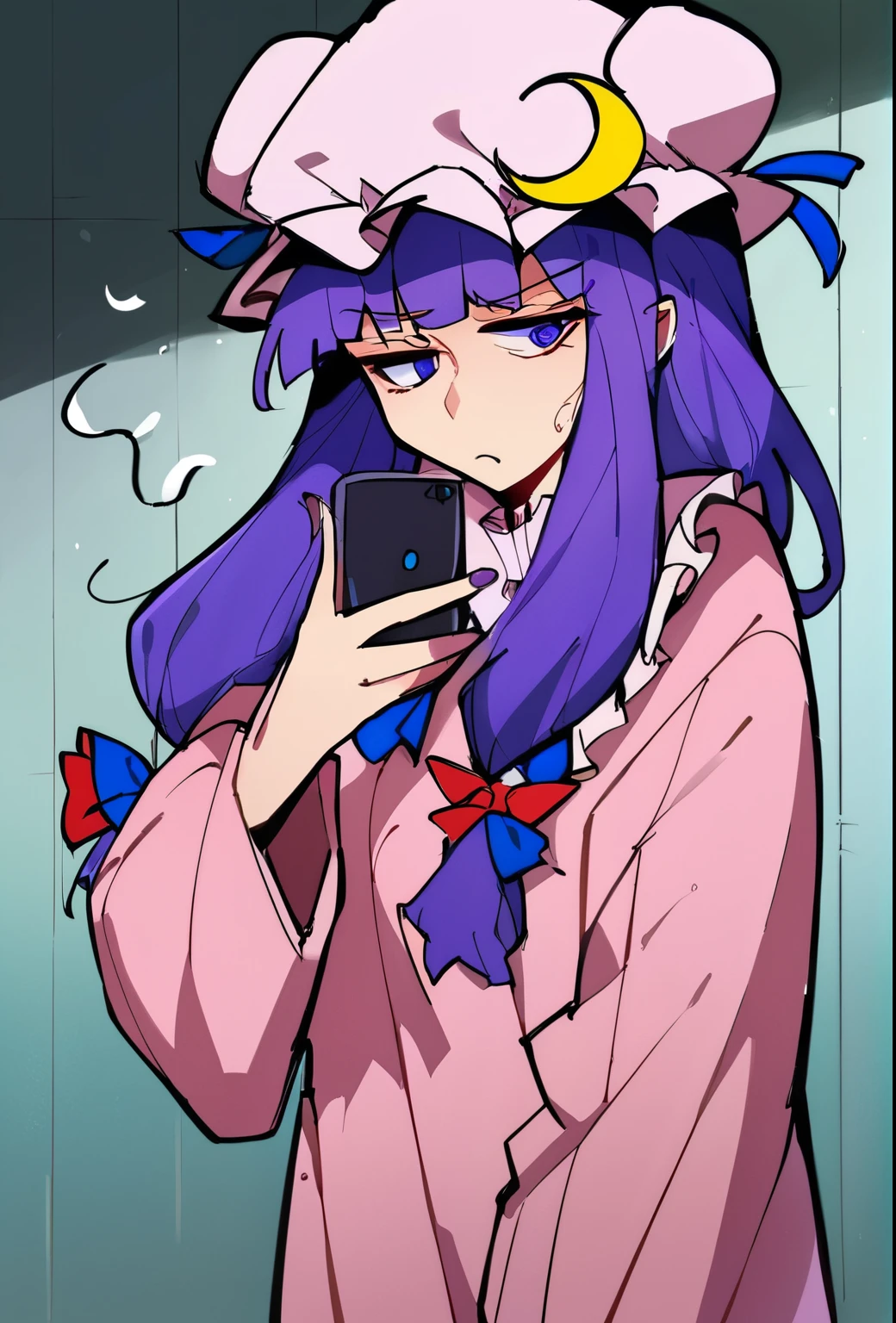 source_anime, (2d), score_9, score_8_up, score_7_up, score_6_up, score_5_up, score_4_up, solo, 1girl, standing, holding phone, looking at phone, :o, patchouli knowledge, mob cap, purple hair, cowboy shot, confused, raised eyebrow