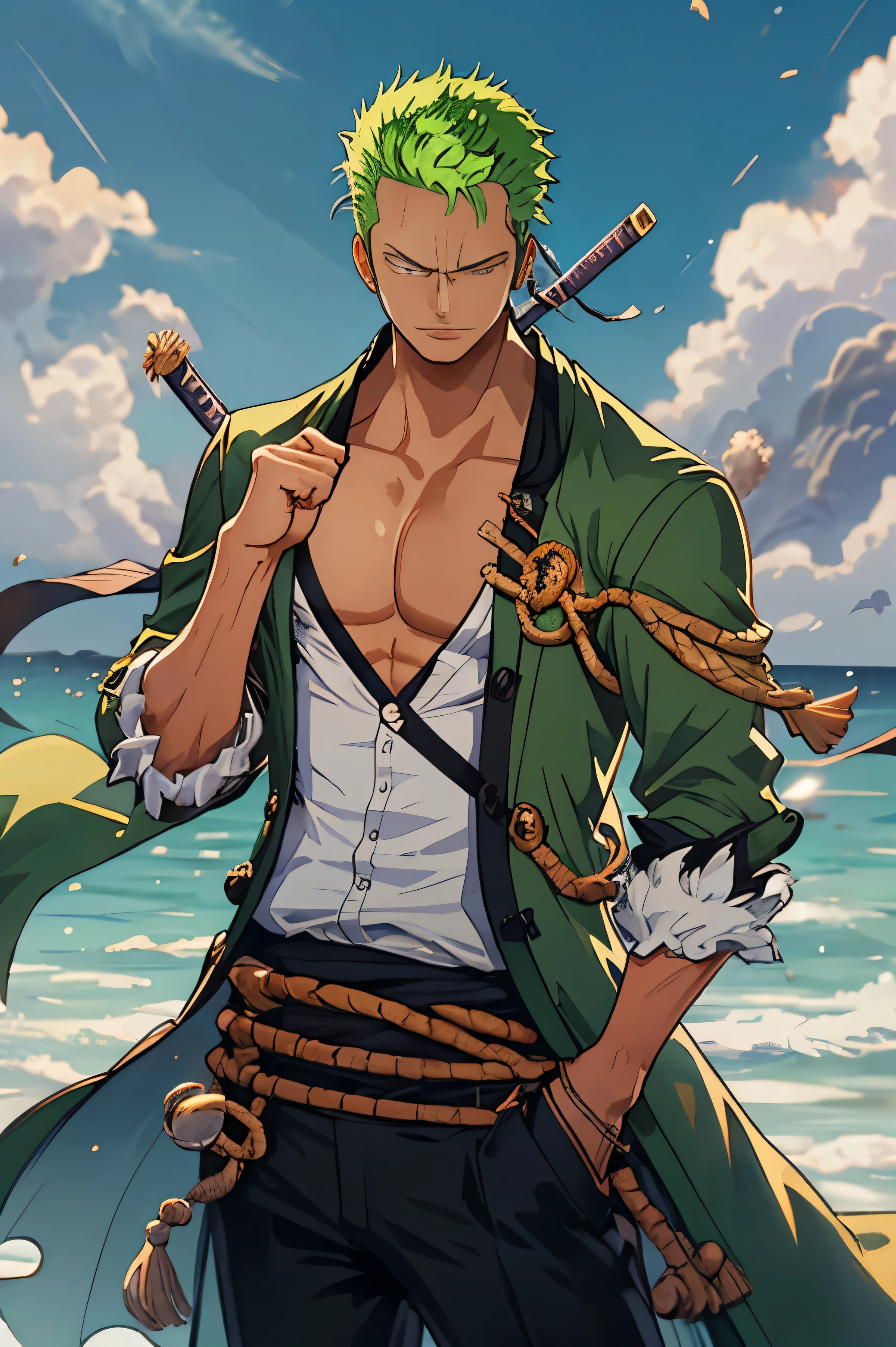 Zoro, sozinho, Olhando para o Viewer, short hair, mangas compridas, 1st grade, GREEN PIRATE suit jacket, parte superior do corpo, arma, Foco masculino, Roupas japonesas, cabelos verdes, water, de lado, cicatriz, bainha, cicatriz no rosto, Embainhados, slicked back hair