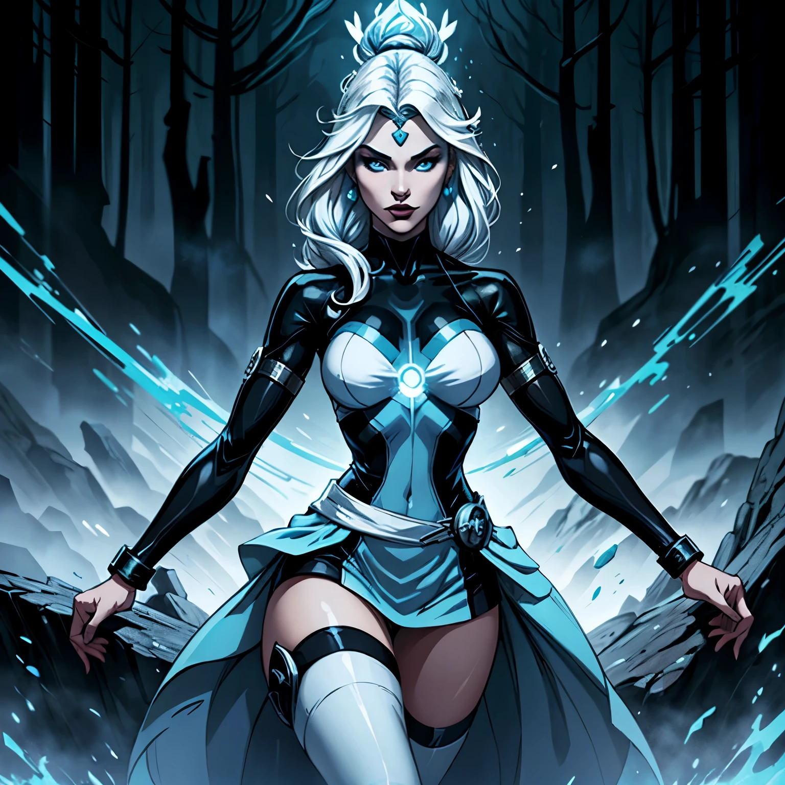 Complete heroine costume inspired by the power to control the four elements of nature using the colors white, black and light blue 