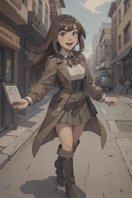 ((masterpiece)),((best quality)),((high detail)),((realistic,)) Futuristic era city, architectural streets, bazaars, cyberpunk, european architecture, night, neon, panoramic view, various buildings, panoramic, landscape, detailed face, detailed bright eye, highly detailed eye, 1girl, long_hair, boots, brown_hair, skirt, ground_vehicle, brown_eyes, knee_boots, smile, outdoors, corset, open_mouth, looking_at_viewer, street, city, road, long leather coat, walking, shirt, solo_focus, pleated_skirt, building, long_sleeves, belt, blush, pouch, holding, sign, bag, white_shirt, full body 1.1