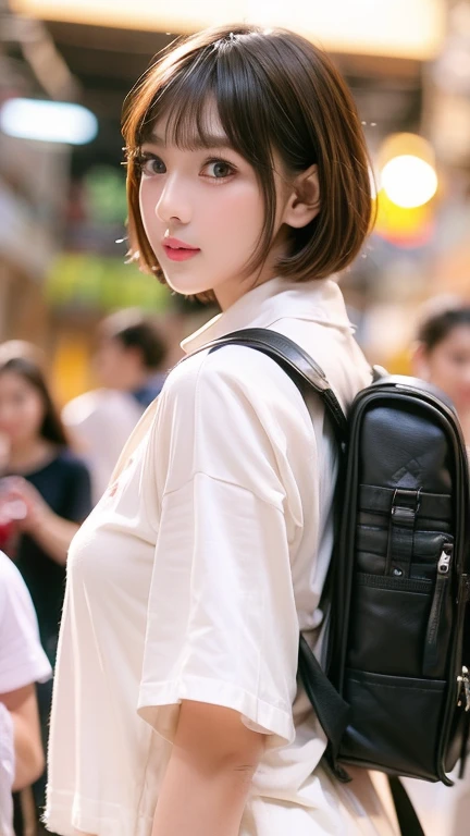 (front view:1.4), close-up portrait, (1girl:1.5), , solo, spacesuit, bangs, brown(short hair:1.2), bag, blurry_background, purple neon light, backpack, zipper, urban techwear, outfit, 