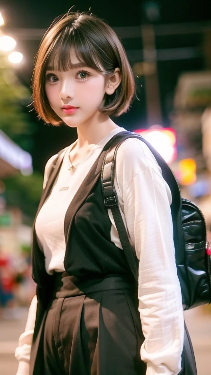 (front view:1.4), close-up portrait, (1girl:1.5), 16 year old, solo, spacesuit, bangs, brown(short hair:1.2), bag, blurry_background, purple neon light, backpack, zipper, urban techwear, outfit, 