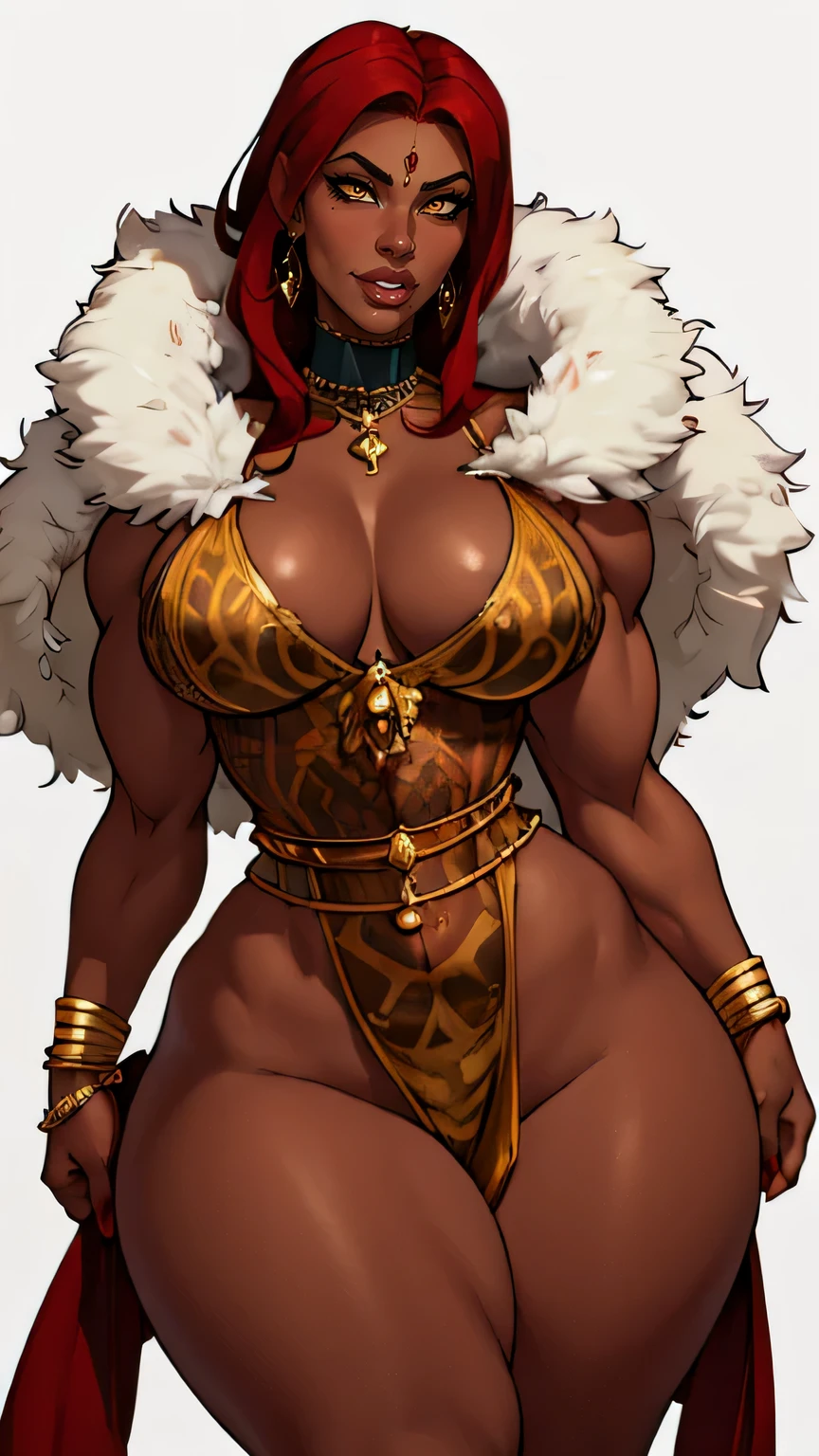 strong muscular broad woman, nicki minaj, jewelry, thick thighs, wide hips, glossy lips, red crimson hair, small breast, milf, yellow eyes, white blank background, mature, mother, dutchess, ebony dark skin, luxury, voluptuous, thick, buxom, mother, Full lips, Seductive, Mature, muscular strong, abs, black empress dress, gold design, fur, fancy barbarian. muscular thighstrong biceps, fur clothes,