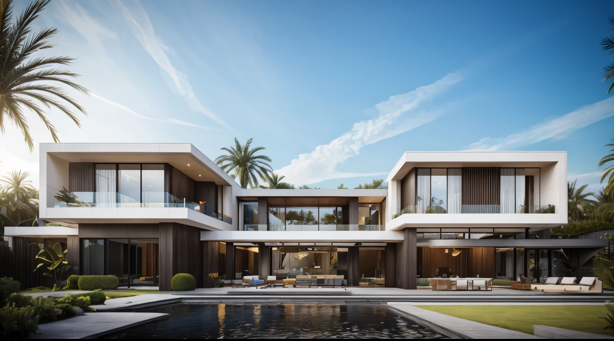 A rendering of a modern house with a pool and palm trees - SeaArt AI