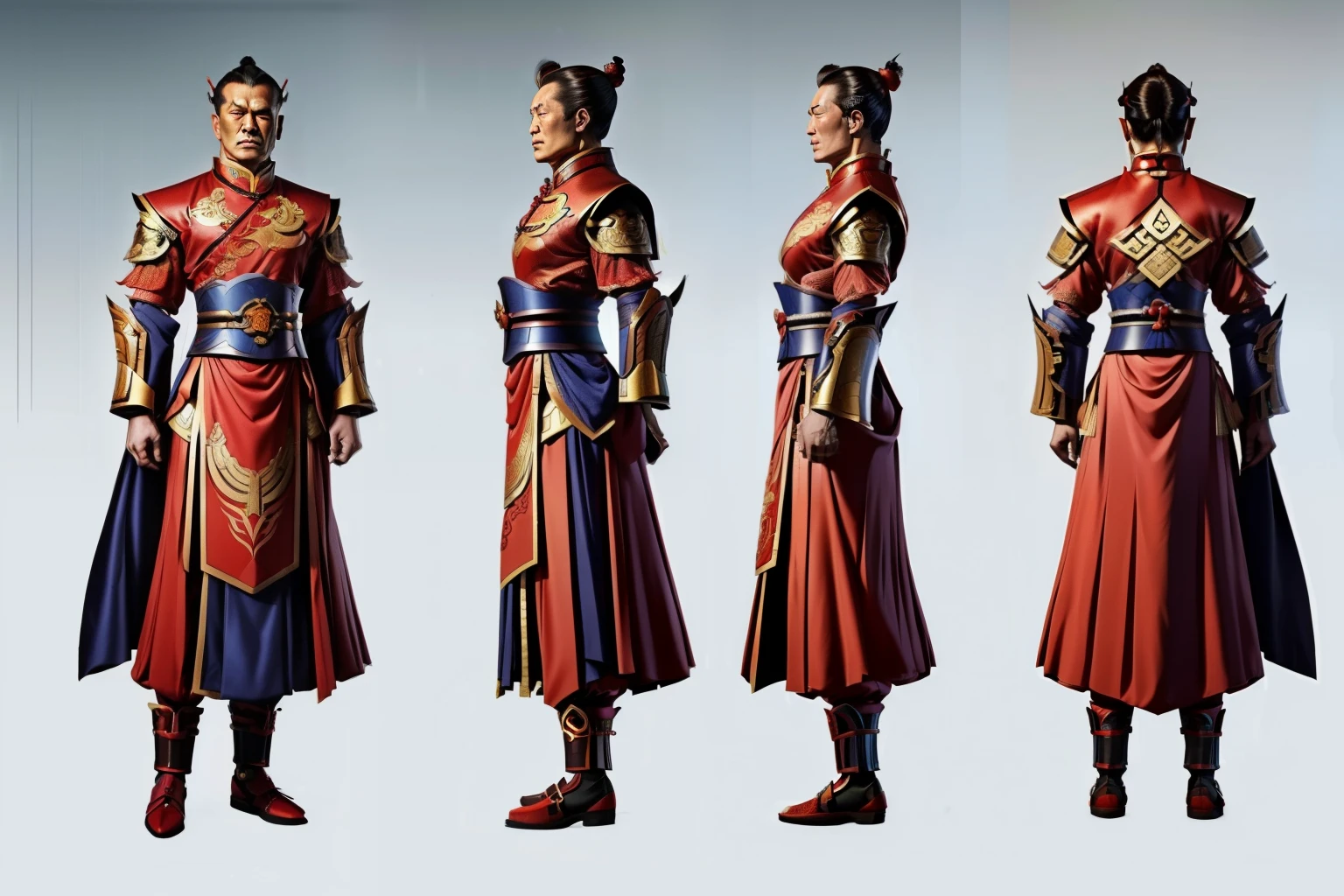 ((three sided view,full bodyesbian,background,multiple views,A high resolution)),Chinese-style armor, Ancient Chinese generals, full body character concept, Detailed character design, China costume
