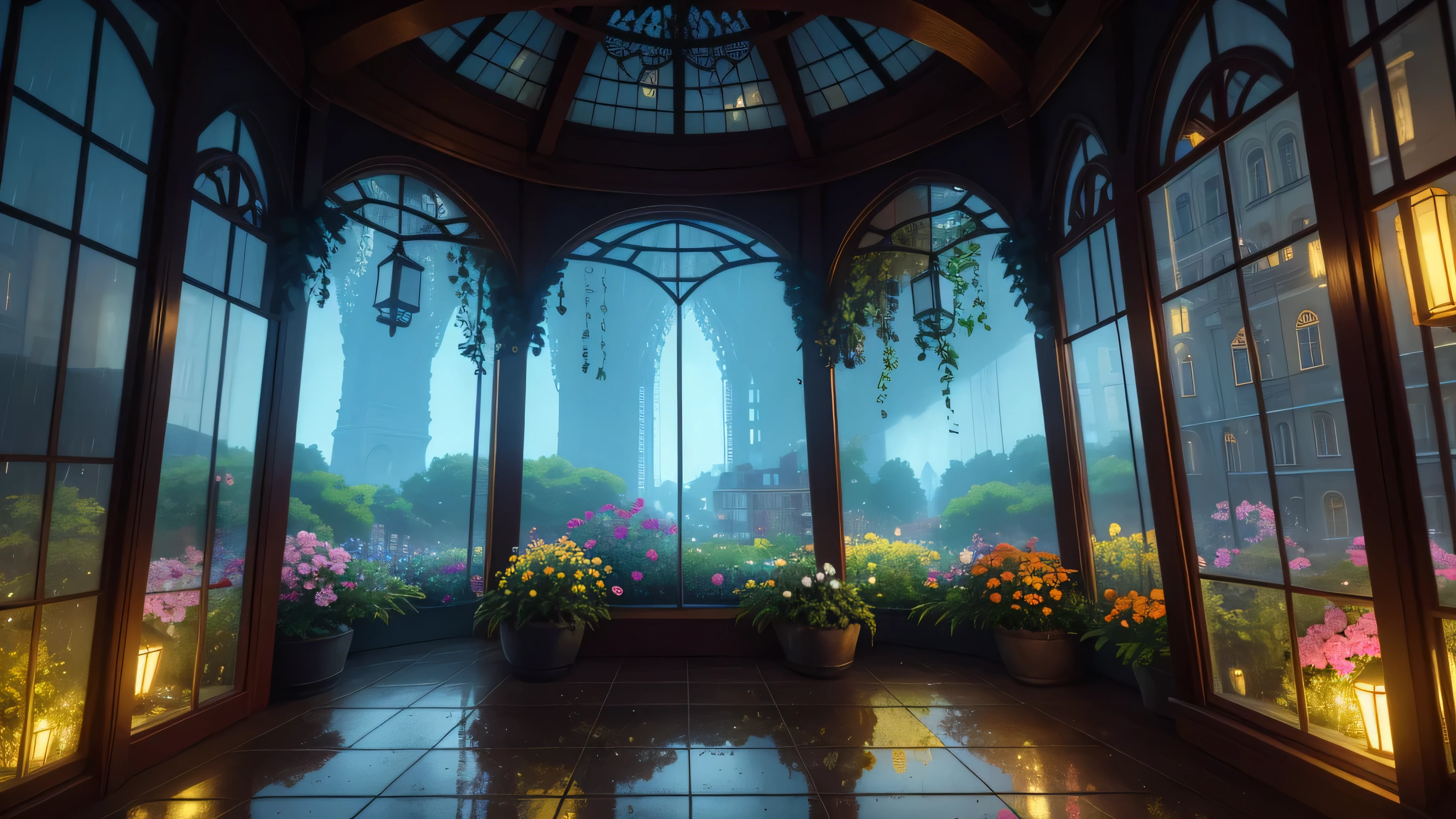 In the heart of a quaint European city, an intricately designed isometric terrarium shines under the soft glow of cinematic lighting. The terrarium is filled with lush greenery and vibrant flowers, their petals reflecting warm colors onto the glass walls. European architecture frames the scene outside, old brick buildings standing tall against the night sky, their surfaces glistening in the rain. No humans are present, only the soothing sound of raindrops hitting the glass and the gentle buzzing of insects.
The rain pours heavily, each drop magnified in the upscaled 8k resolution, creating an ethereal and hyper-realistic atmosphere. The unreal engine rend