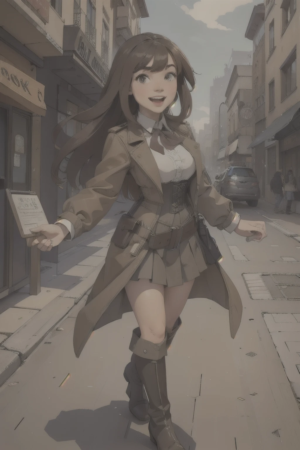 ((masterpiece)),((best quality)),((high detail)),((realistic,)) Futuristic era city, architectural streets, bazaars, cyberpunk, european architecture, night, neon, panoramic view, various buildings, panoramic, landscape, detailed face, detailed bright eye, highly detailed eye, 1girl, long_hair, boots, brown_hair, skirt, ground_vehicle, brown_eyes, knee_boots, smile, outdoors, corset, open_mouth, looking_at_viewer, street, city, road, long leather coat, walking, shirt, solo_focus, pleated_skirt, building, long_sleeves, belt, blush, pouch, holding, sign, bag, white_shirt, full body 1.1