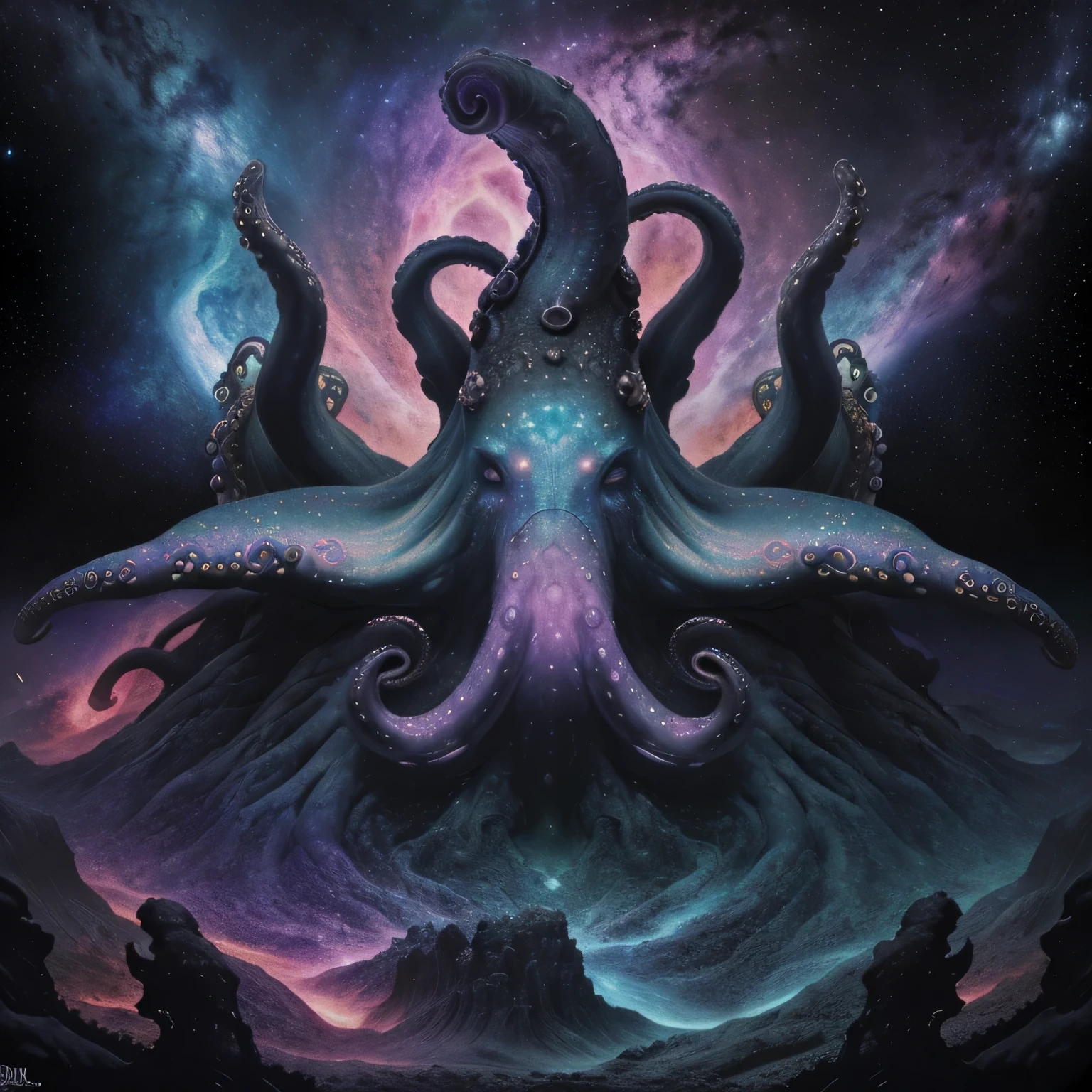 Cosmic majestic octopus with a tatoo number 8, #8, realist, masterpiece, 8k, cosmic void, terror, genesis, apocalypse, armagedon, full art, magical, dark fantasy, insane, unique