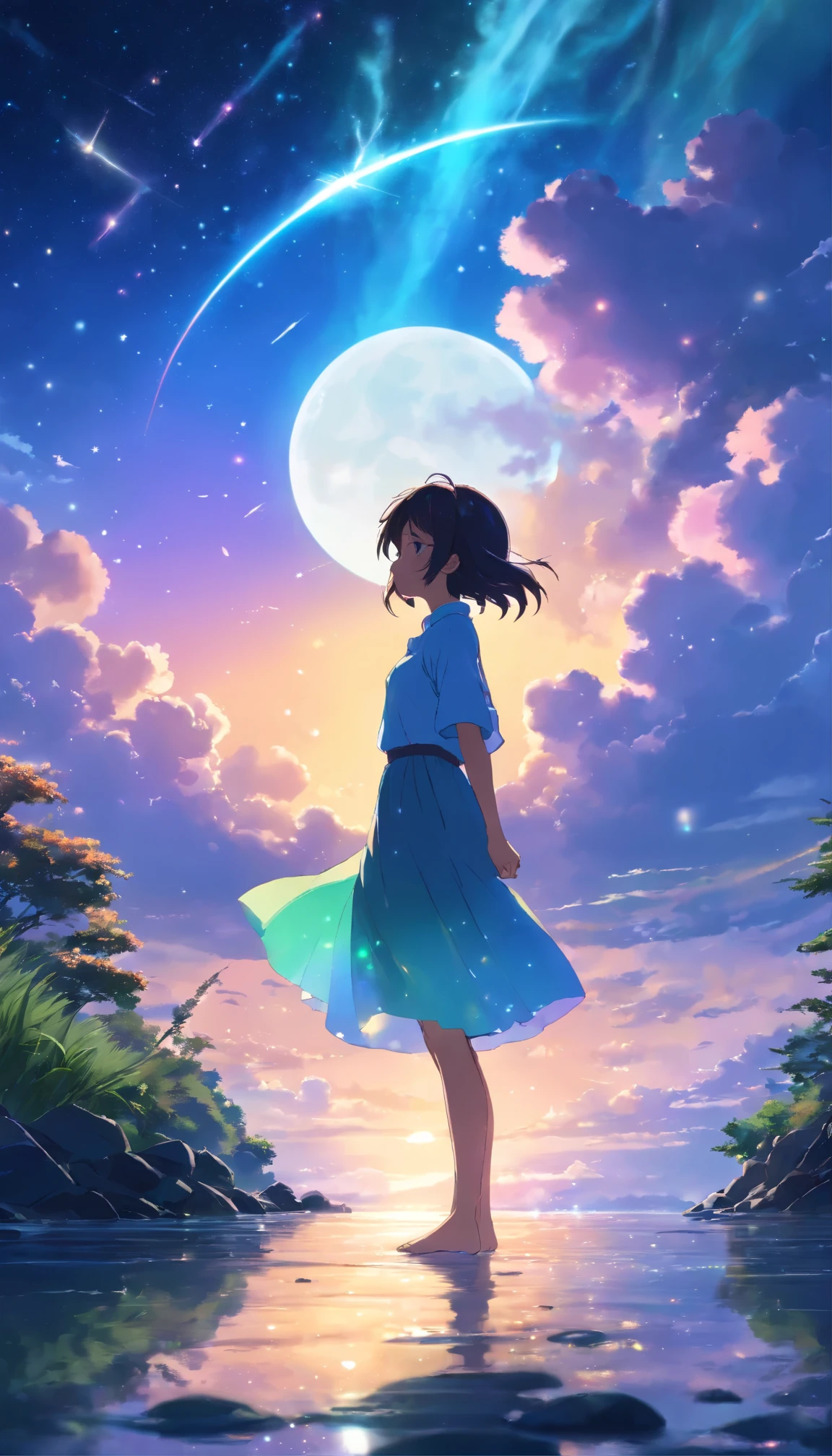 Makoto Shinkai, Expansive landscape photograph , (View from below,Displays the sky above and the clearing below), a girl standing on water looking up, (back view silhouette:1.4) (full moon:1.2), (meteors:0.9), (Starcloud:1.3), , Tree BREAK Production Art, (night:1.4), (Firefly:1.2), lamp lights, Lots of purple and blue, Intricate details, Volumetric lighting BREAK (Masterpiece:1.2), (Best quality), 4K, Ultra-detailed, (Dynamic composition:1.4), Highly detailed, Colorful details,( Iridescent colors:1.2), (luminouslighting, Atmospheric lighting), Dreamy, magical, (Solo:1.2)