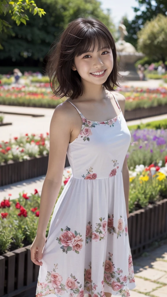 masterpiece, highest quality, disorganized, perfect anatomy, 1 girl, alone, pascal tales, short hair, beautiful, Hilarious, sunny day, botanical garden, Summer winds, sundress, Floral, wavy hair, smile