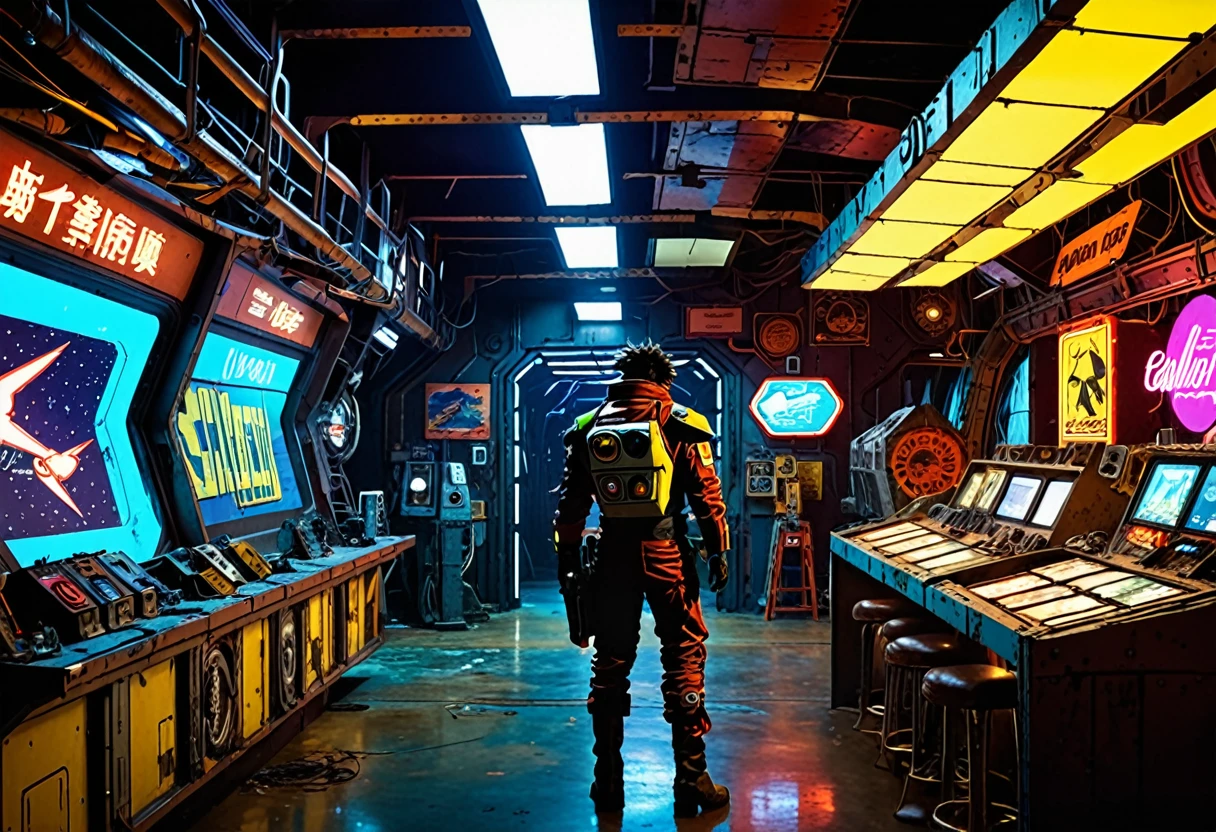 Create an image inspired by the sci-fi noir aesthetic of "Cowboy Bebop." The scene is set on a distant, gritty spaceport. In the foreground, a weathered, charismatic bounty hunter with a mysterious past stands confidently. He's dressed in a worn-out, stylish space suit, adorned with various patches and gadgets. A battered spaceship, reminiscent of a classic retro design, looms in the background, surrounded by neon signs flickering in the darkness of the spaceport. The atmosphere is a mix of futuristic technology and old-world grit, capturing the essence of space adventure and intrigue.