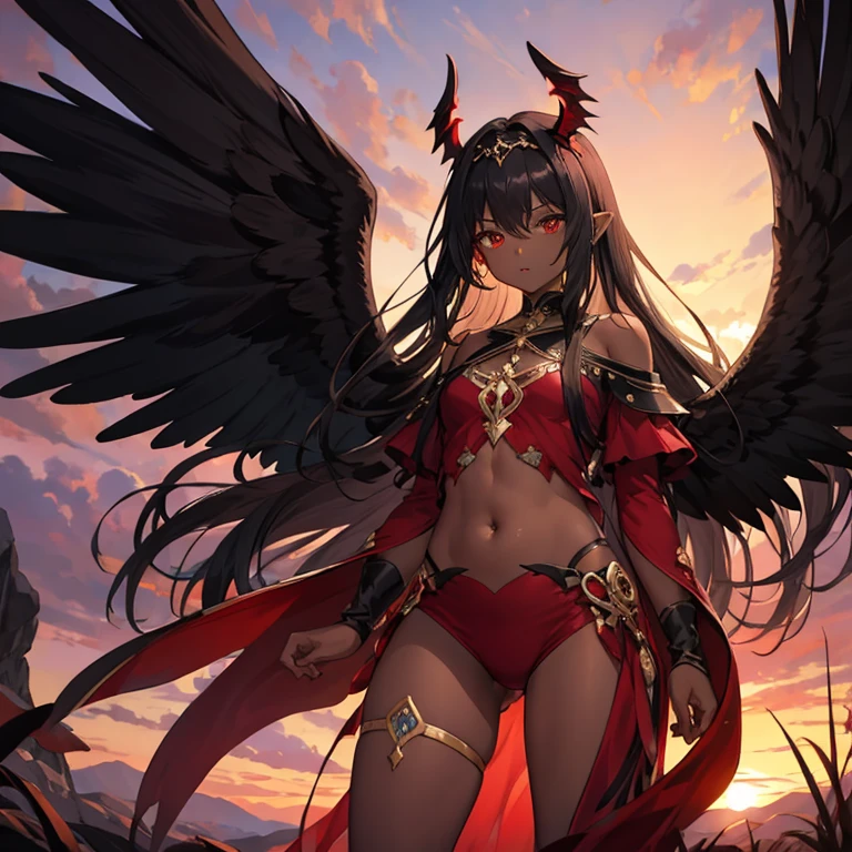 thighs、dark skin、Red clothes、belly button、shoulder、turbaned、The background is the wilderness、outside、long hair、red eyes、Red sunset、clothes with open chest、Black wings、