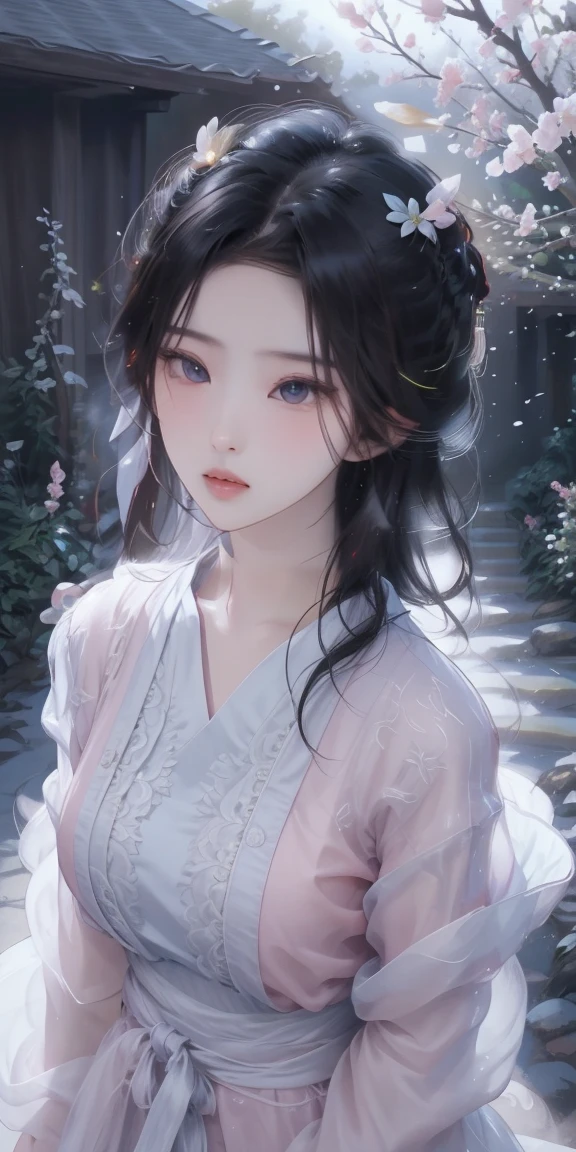 masterpiece, high resolution, actual, cute detailed eyes, black hair, Close-up shot of girl in delicate pink oriental dress, Oriental Fantasy Ancient Charm, bright colors, Playful expression, Garden and flowers background, soft light, Whimsical art style