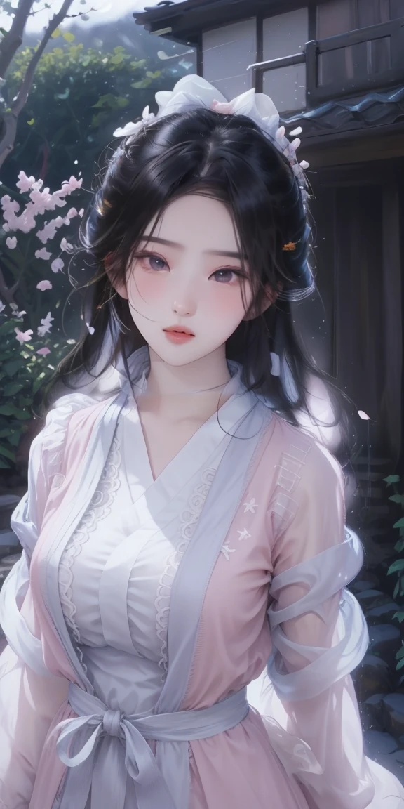 masterpiece, high resolution, actual, cute detailed eyes, black hair, Close-up shot of girl in delicate pink oriental dress, Oriental Fantasy Ancient Charm, bright colors, Playful expression, Garden and flowers background, soft light, Whimsical art style