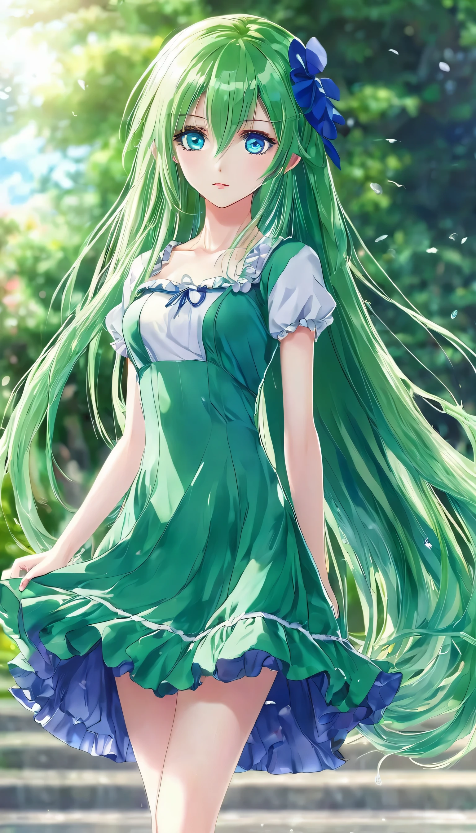 Anime girl with blue eyes and long green hair in a short dress 、Wearing glass shoes、standing facing the front、Beautiful eyes