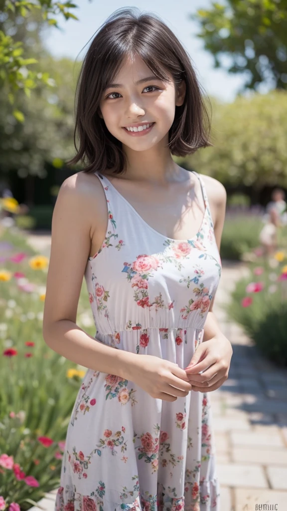 masterpiece, highest quality, disorganized, perfect anatomy, 1 girl, alone, pascal tales, short hair, beautiful, Hilarious, sunny day, botanical garden, Summer winds, sundress, Floral, wavy hair, smile