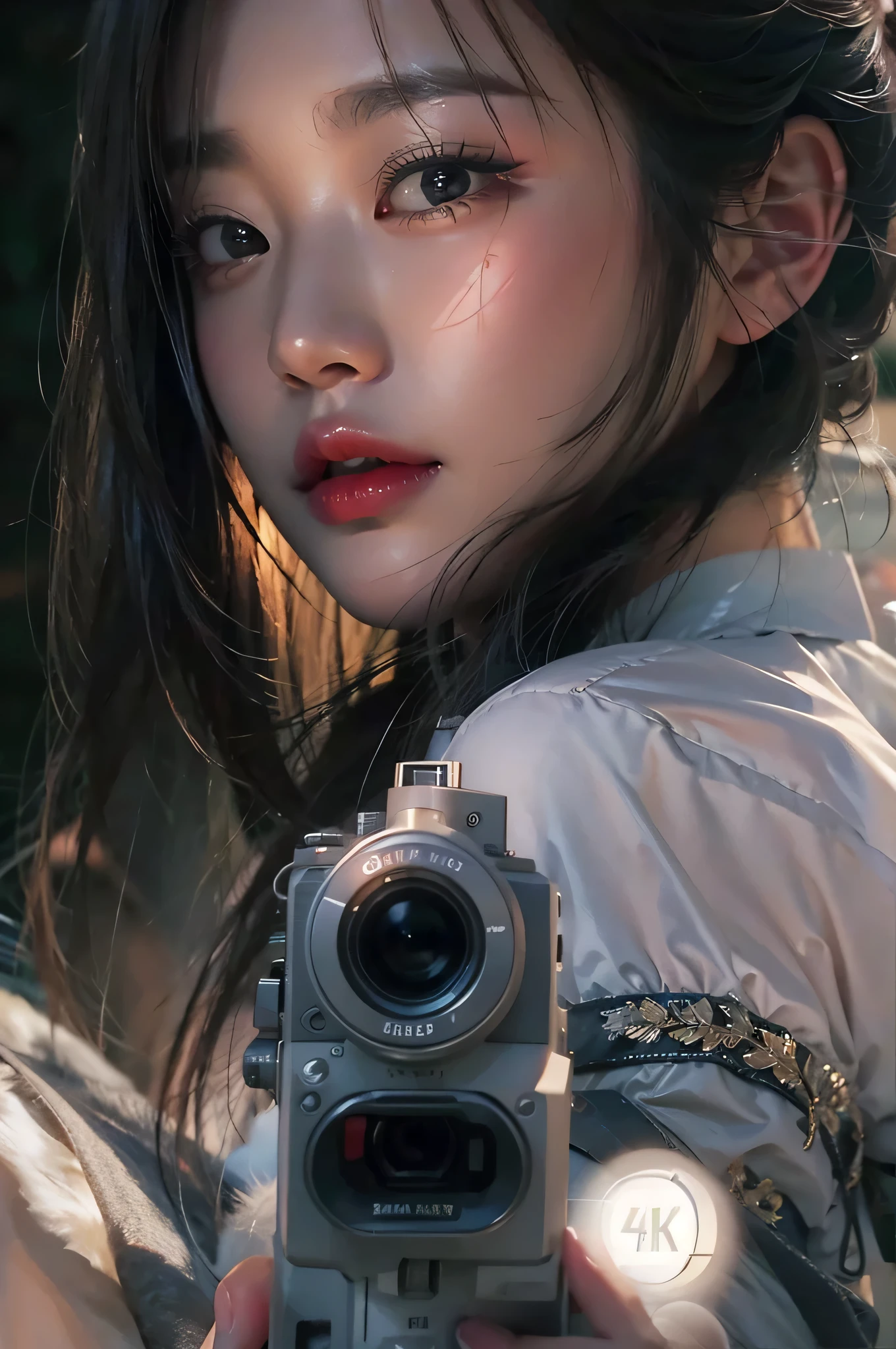 A smiling female sniper,Ambush on the roof of the building,Battle background(Roof),Armed with an M16 assault rifle,Hyper-detail photography,Mattire,Golden ratio,Chinese woman、Youthful、Light pink floral underwear、White-purple floral lace panties、exposing your navel、long whitr hair、Tall guy、Black hair color、full bodyesbian、photorealestic、Skin is moist,Full breasts,Big chest、largeeyes、perfect anatomia,rose tattoo,Soldier girl black hair sniper rifle handle, Holding an assault rifle, M16, Inside the city, Very detailed, Perfect face, Black eyes, Lips, Wide hips, Small waist, Tall, Makeup,Wear flower earrings,Bullet necklace