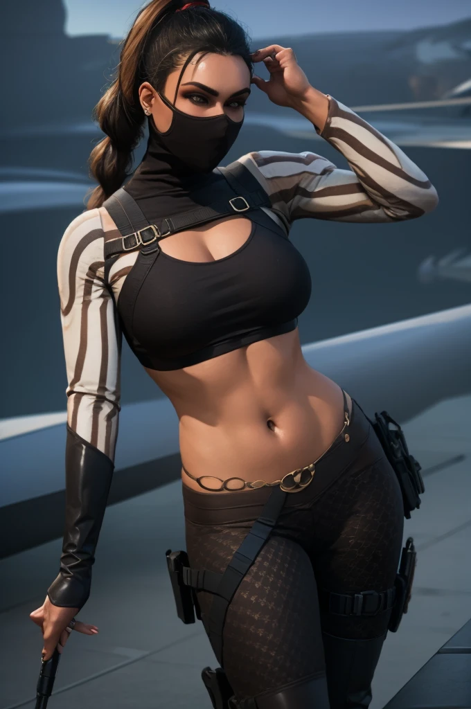 (full body portrait, 1 girl, looking at viewer, highly detailed, anatomy correct, perfect face, eyes, and hands:1.4), tactical gear, coffee knee boots, (athletic body:1.3), coffee leggings, jewelry, black ponytail hair, ski mask, ((Best quality, masterpiece, Very beautiful woman)), Depth-of-field, Multi-layered textures, HDR (High Dynamic Range), Ray Tracing, NVIDIA RTX, Unreal 5, Subsurface scattering, PBR Texturing, Post-processing, Anisotropic Filtering, Maximum clarity and sharpness, Wide aperture, Low ISO, White balance, Rule of thirds, 8K RAW, (extremely slutty), (Highly realistic skin), sharp image, (extremely high quality artwork), there is a lot smoke from cigar in the background