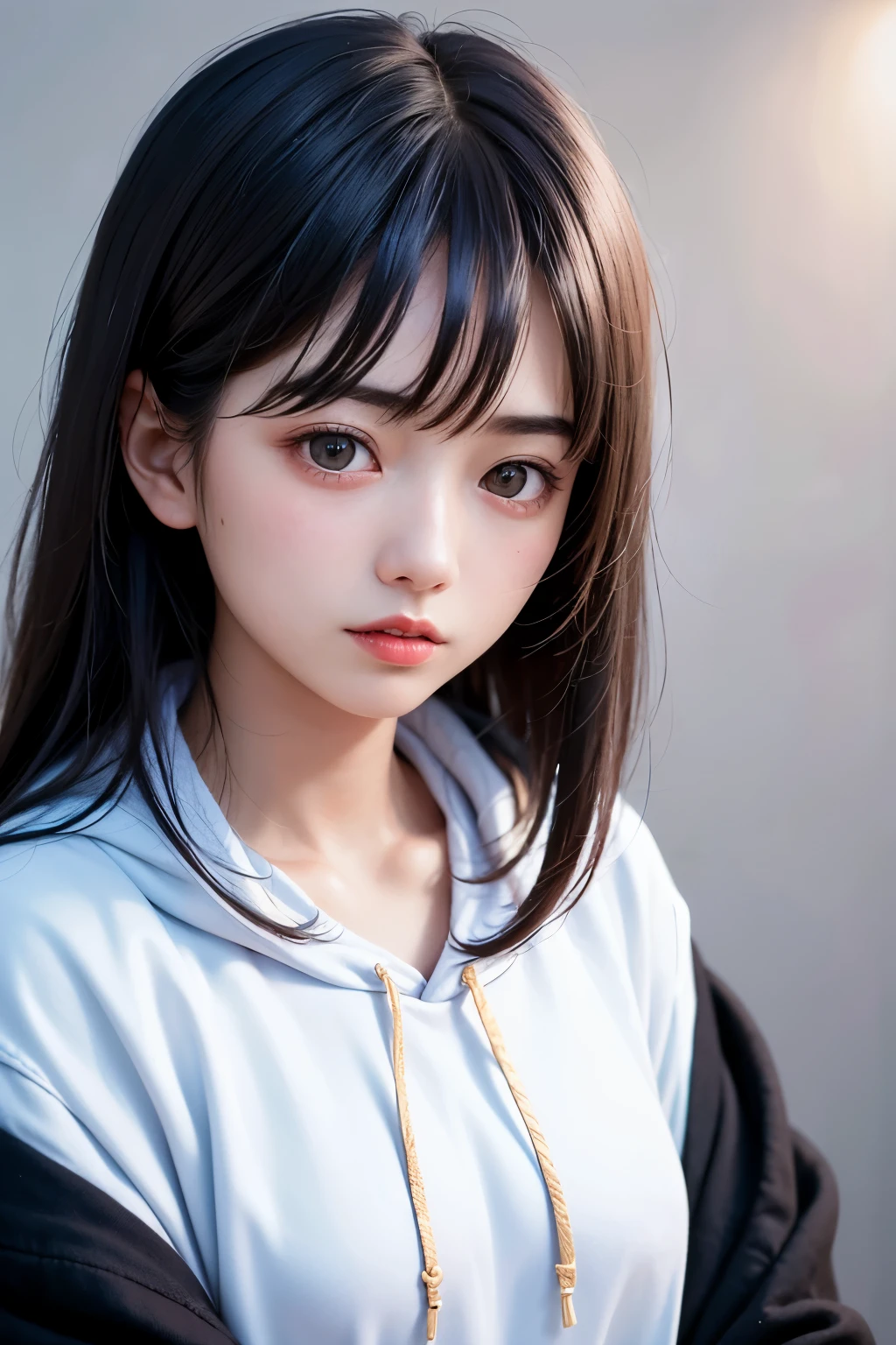 (1 nogizaka girl,raw photo,photo realistic:1.5),(best quality, high quality,HDR, highest quality,ultra high resolution,high resolution,high res,ultra high difinition,huge file size,8K,2K wallpaper,8K wallpaper,high quality texture,amazing,an extremely delicate:1.4),one girl, Japanese famous idol,beautiful face,small face,absurd,ridiculous,incredibly ridiculous,portrait,breasts close up,blurry background,(hoodie,no makeup:1.2),medium skin,beautiful skin,detailed skin,small head,black hair,silky hair,(Japanese eyes:1.3),detailed eyes,black eyes,Japanese idol eyes,Japanese nose,5-fingers,(eyebrow:-0.5),(Light Particles, Lens Flare, Luminous Particles: 0.7),looking at viewer,bright lighting,professional lighting,girl