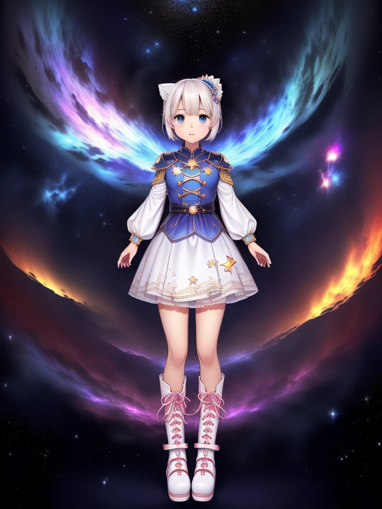 1girl、vtuber-fullbody、8K、Star Fairy、masterpiece、official art、Super detailed、super beautiful、かわいいStar Fairy、white straight short hair、Milky Way、universe、star charm、Star、baby face、Knee-high boots、Japanese pattern dress、浴衣をリメイクした黒と紺色のuniverseを思わせるOiranフリルドレス、universeを思わせるOiranフリルドレス、Oiran