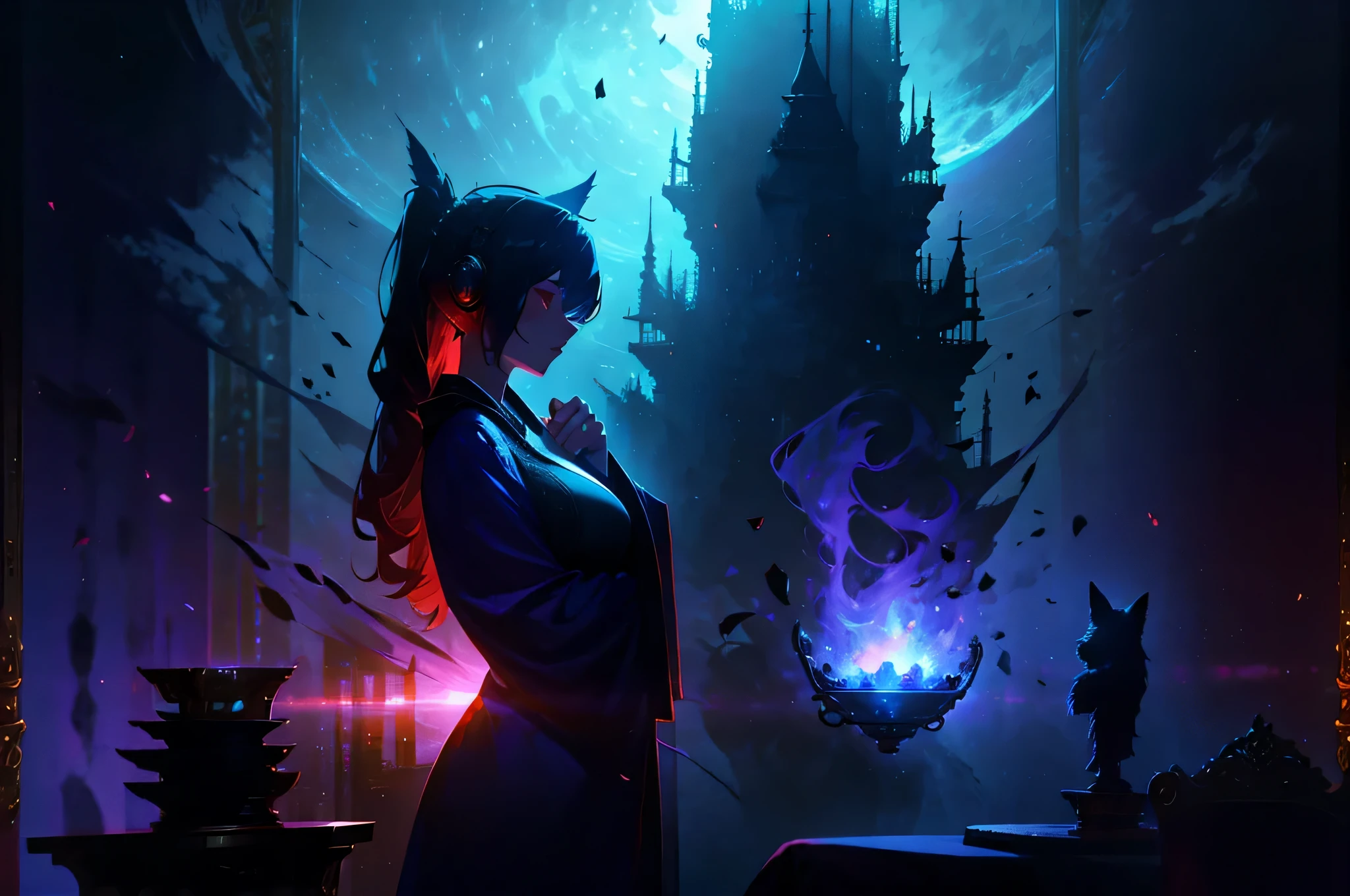 A woman wearing a bathrobe and headphones is sitting on a sofa holding a teacup、The large window behind offers a beautiful night view.、big breasts、sexy、dimly lit room、moonlight、exposed、Downlight、full moon、Stylish interior、On your back、red cat eyes
