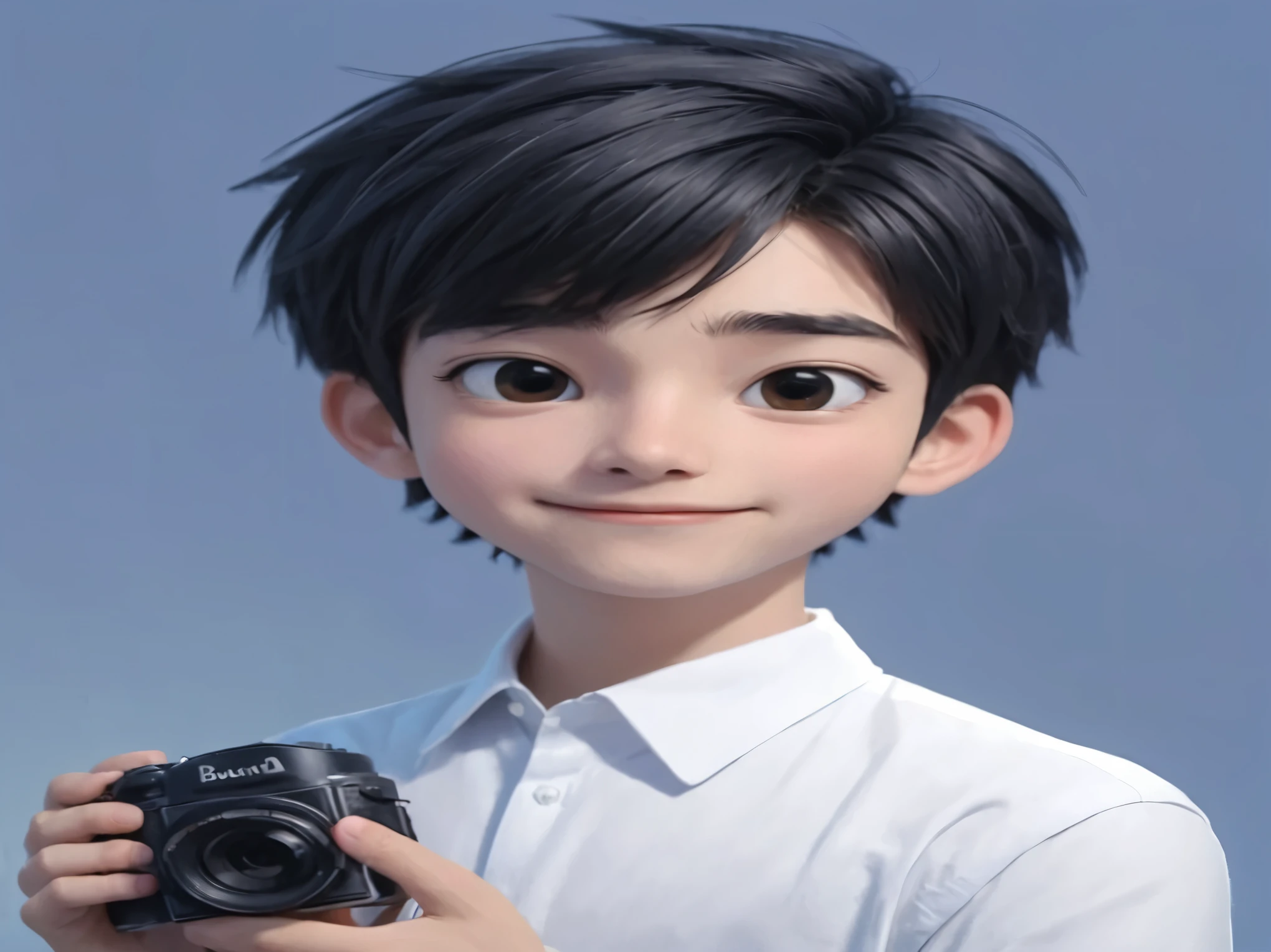best quality, 25 years old, alone, cartoon portrait, with a short beard, the background is a room with a film set, short hair, Boy holding the camera in the air taking pictures, with a beard on his face