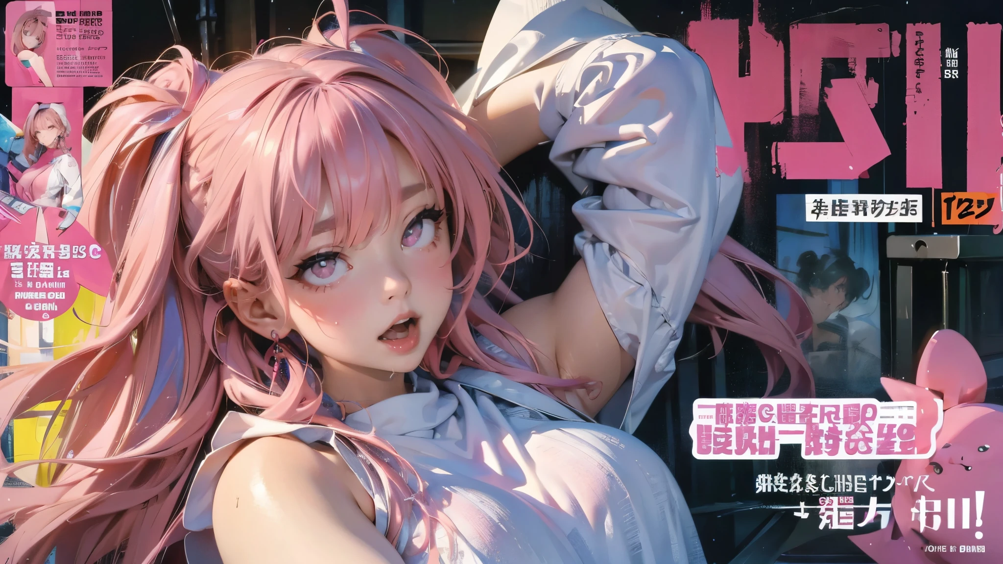 masterpiece:1.2, best quality), (magazine cover), (colorful Magazine cover with lots of text), brilliant colorful paintings, Comic cover style, (best quality, highres:1.2), 1girl, beautiful detailed eyes, (((pink hair))), beautiful detailed lips, extremely detailed eyes and face, long eyelashes, vivid colors, HDR, studio lighting, ultra-fine painting, sharp focus, physically-based rendering, extreme detail description, portraitig breasts, perfect shape, showing armpit, facing viewer, sweaty, gorgeous, arms up, sleeveless corset, magazine cover, (highly detailed:1.2), ahegao, rolling eyes, cross-eyed, open mouth, tongue out, naughty face, (((pink hair))), hair straight， mostly cloudy sky，（（（tmasterpiece），（Very detailed CG unity 8K wallpaper），best qualtiy，cinmatic lighting，detailed back ground，beatiful detailed eyes，（Very fine and beautiful），（Beautiful and detailed eye description），ultra - detailed，tmasterpiece，）），facing at camera，A high resolution，ultra - detailed），revealing breast, wet all over body