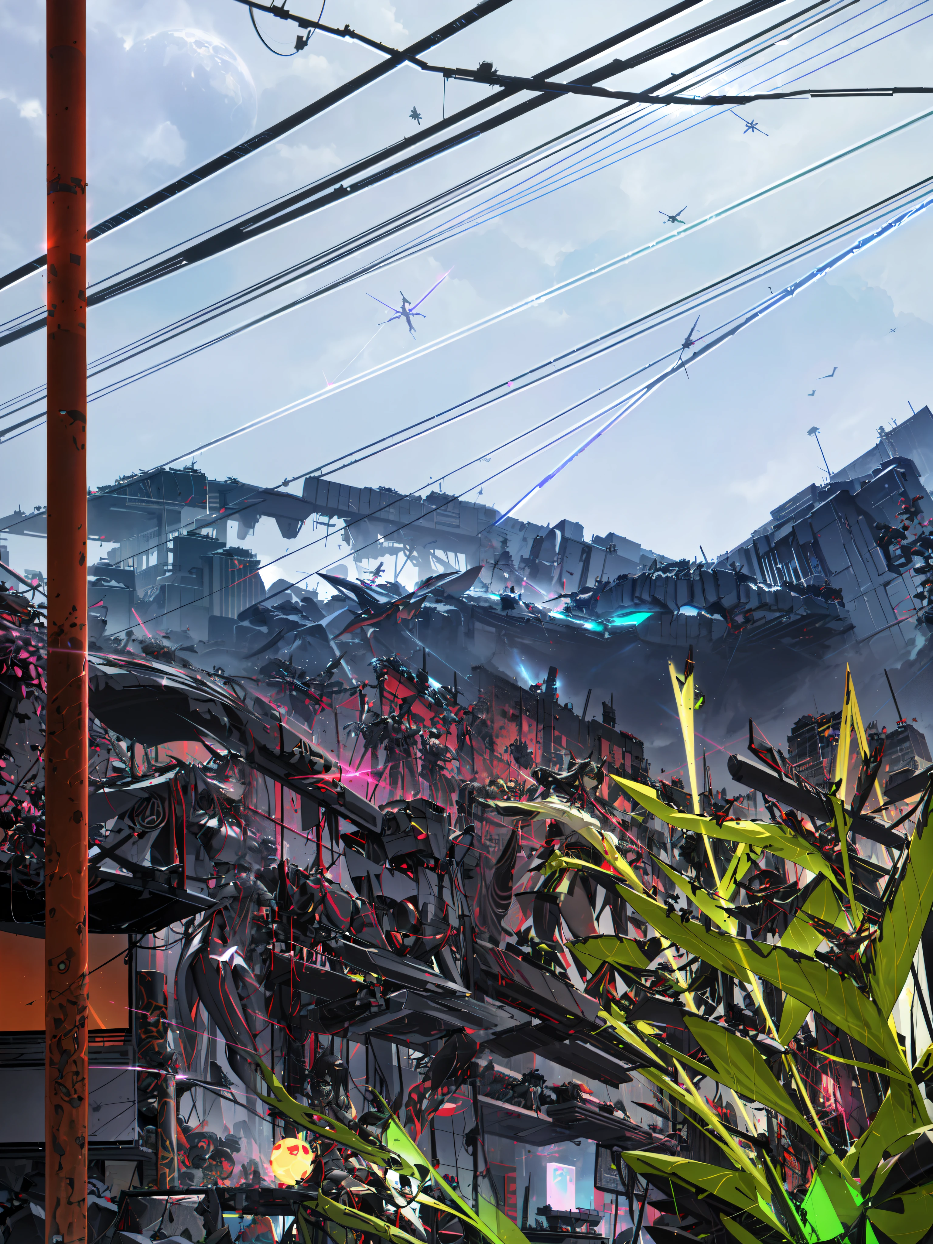 Amidst the chaos, hovering neon sattellites with sleek, angular designs patrol the skies. Their laser beams crisscross the air, casting eerie glows on the wounded parasite. These sattellites are the last remnants of a once-advanced civilization, now reduced to mere guardians of a dying world.