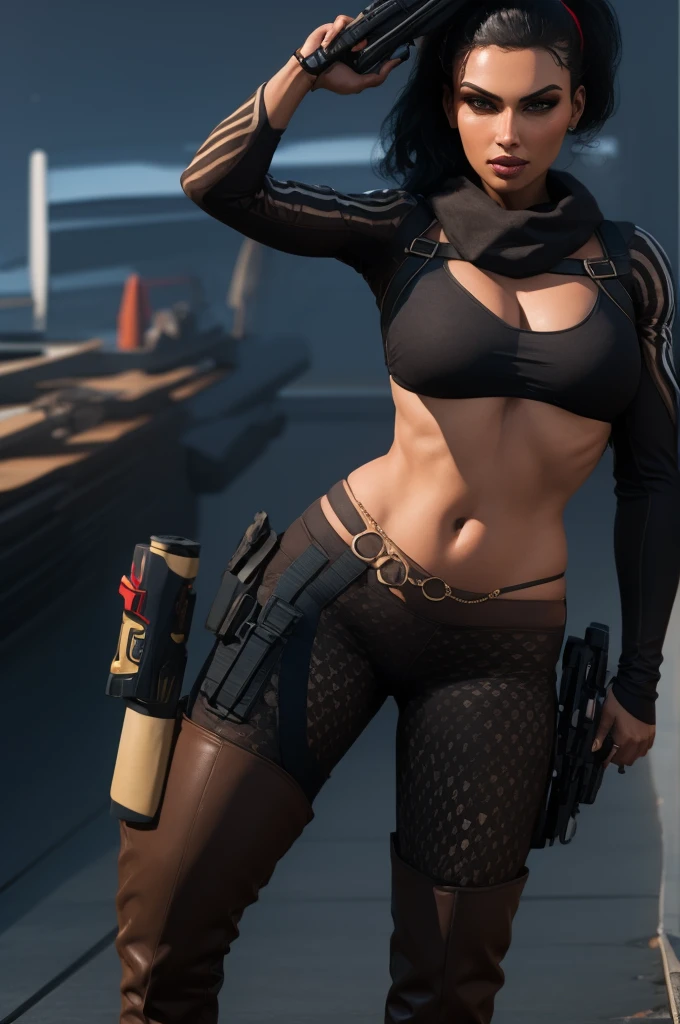 (full body portrait, 1 girl, looking at viewer, highly detailed, anatomy correct, perfect face, eyes, and hands:1.4), tactical gear, coffee knee boots, (athletic body:1.3), coffee leggings, jewelry, black ponytail hair, ski mask, ((Best quality, masterpiece, Very beautiful woman)), Depth-of-field, Multi-layered textures, HDR (High Dynamic Range), Ray Tracing, NVIDIA RTX, Unreal 5, Subsurface scattering, PBR Texturing, Post-processing, Anisotropic Filtering, Maximum clarity and sharpness, Wide aperture, Low ISO, White balance, Rule of thirds, 8K RAW, (extremely slutty), (Highly realistic skin), sharp image, (extremely high quality artwork), there is a lot smoke from cigar in the background