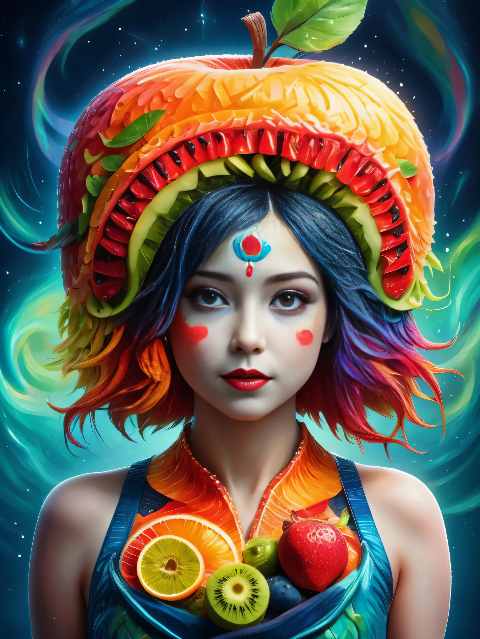 1 girl, alone, Imaginative depiction, Girl standing straight in casual pose, Body made of orange, watermelon, kiwi, Strawberries and other brightly colored fruit slices, A rainbow-like mosaic effect, The face is rich in detail，expressive, Elegantly presented orange peel and blueberry eye shape, (master level:1.2), Super details, actual, (photorealism:1.3), First-person perspective, ultra high definition, masterpiece, precise, anatomically correct, Super details, best quality, 8K, 1sgr1