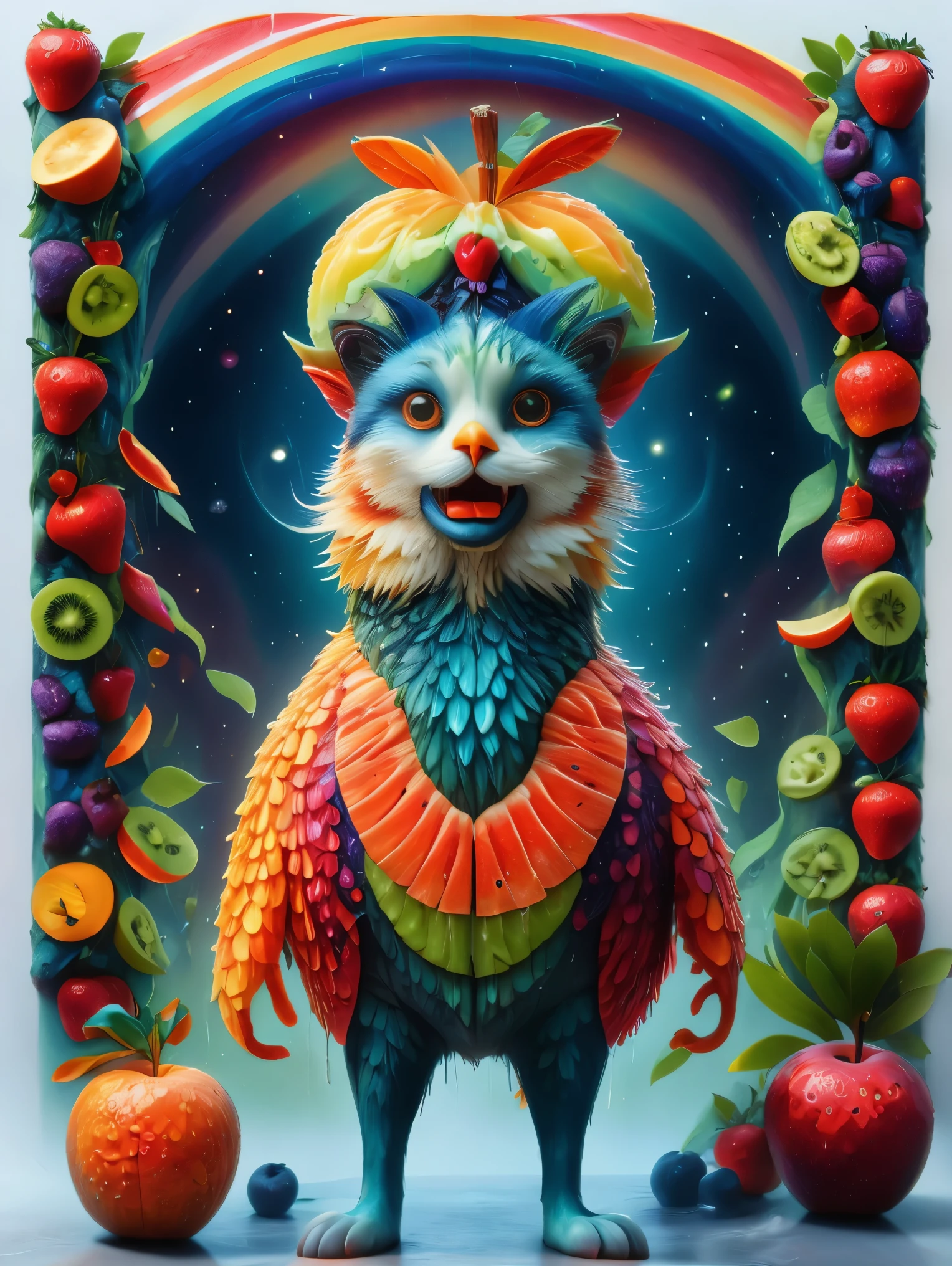 1 girl, alone, Imaginative depiction, Girl standing straight in casual pose, Body made of orange, watermelon, kiwi, Strawberries and other brightly colored fruit slices, A rainbow-like mosaic effect, The face is rich in detail,expressive, Elegantly presented orange peel and blueberry eye shape, (master level:1.2), Super details, actual, (photorealism:1.3), First-person perspective, ultra high definition, masterpiece, precise, anatomically correct, Super details, best quality, 8K, 1sgr1