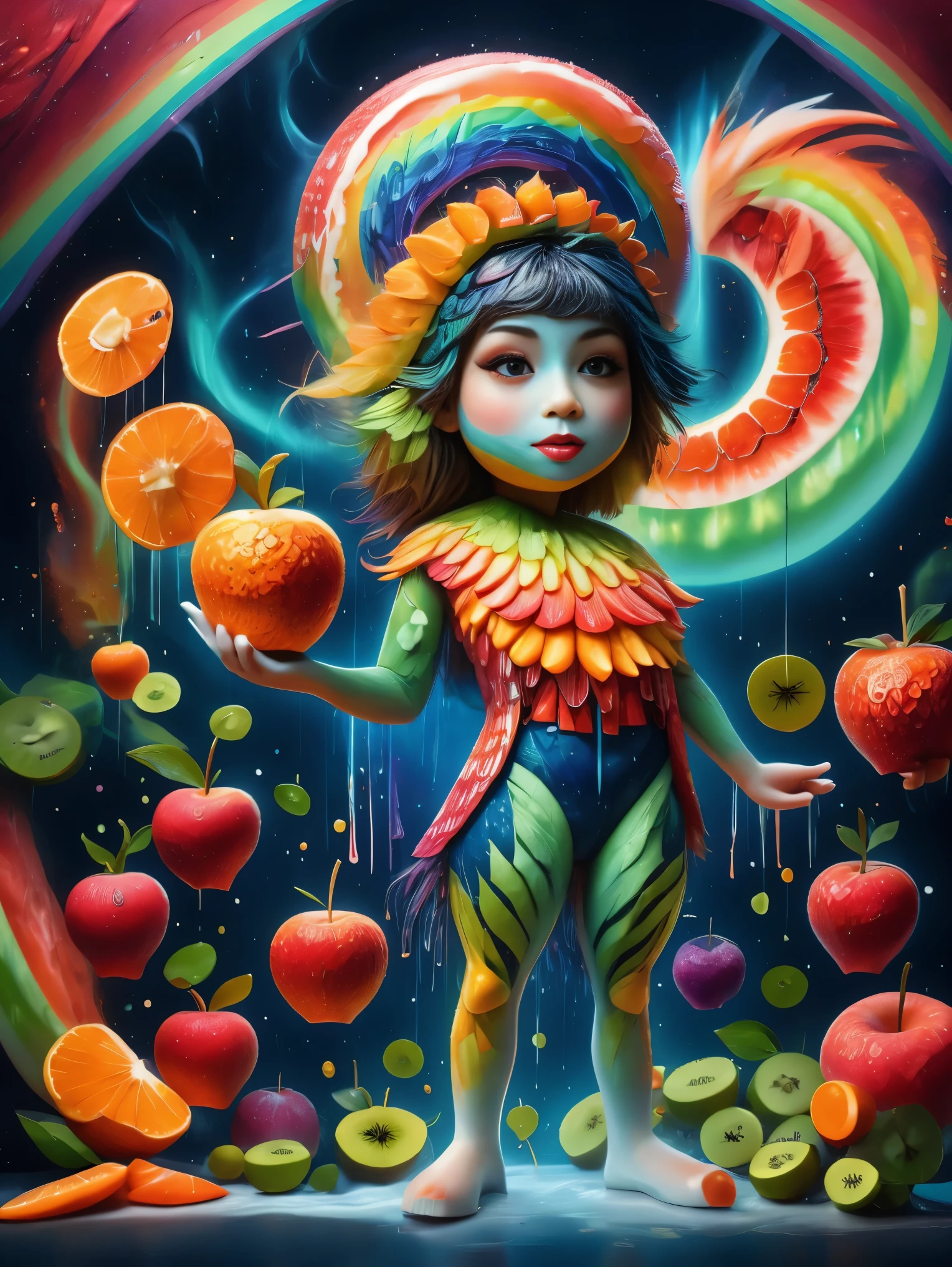 1 girl, alone, Imaginative depiction, Girl standing straight in casual pose, Body made of orange, watermelon, kiwi, Strawberries and other brightly colored fruit slices, A rainbow-like mosaic effect, The face is rich in detail，expressive, Elegantly presented orange peel and blueberry eye shape, (master level:1.2), Super details, actual, (photorealism:1.3), First-person perspective, ultra high definition, masterpiece, precise, anatomically correct, Super details, best quality, 8K, 1sgr1