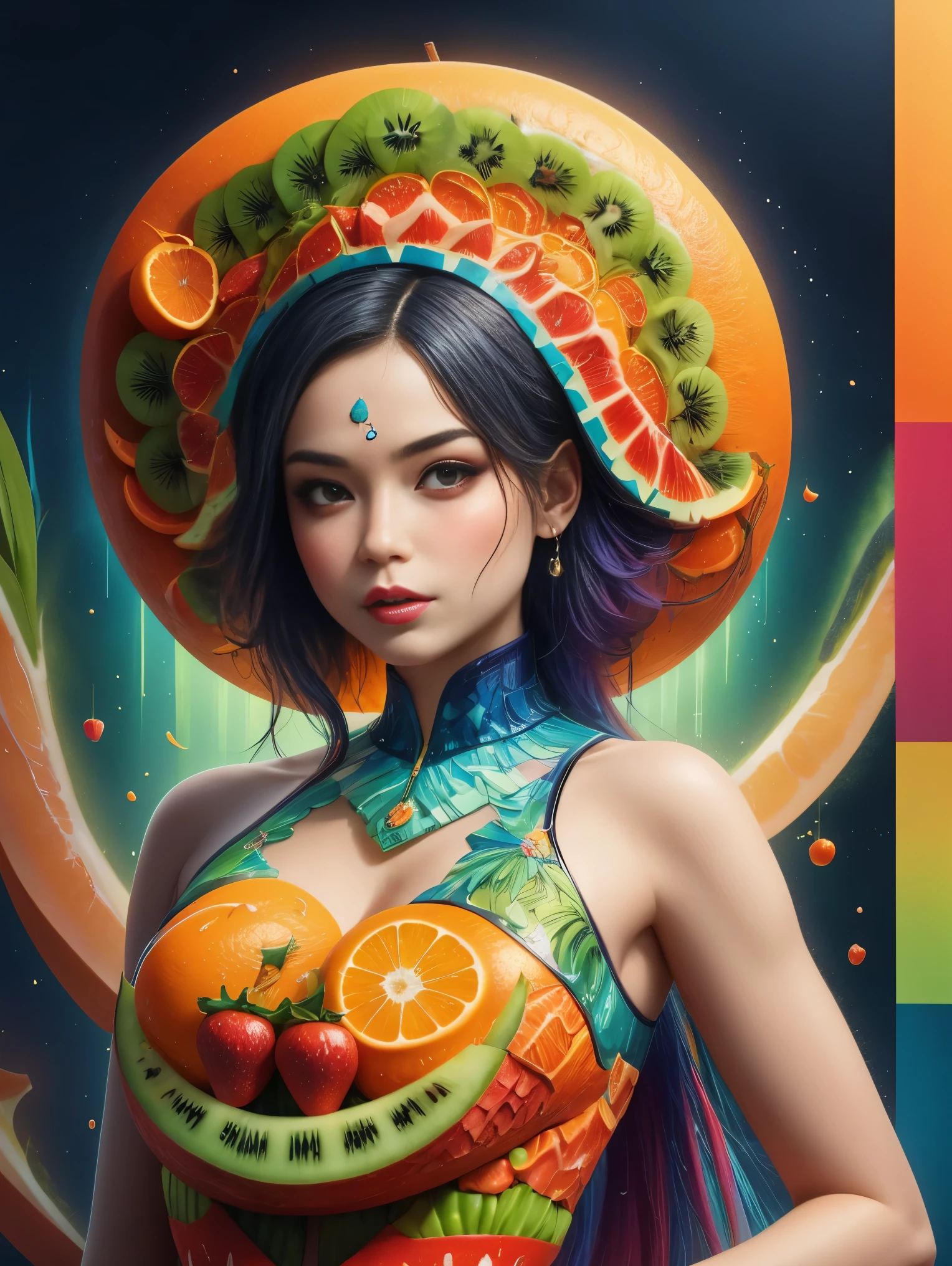 1 girl, alone, Imaginative depiction, Girl standing straight in casual pose, Body made of orange, watermelon, kiwi, Strawberries and other brightly colored fruit slices, A rainbow-like mosaic effect, The face is rich in detail，expressive, Elegantly presented orange peel and blueberry eye shape, (master level:1.2), Super details, actual, (photorealism:1.3), First-person perspective, ultra high definition, masterpiece, precise, anatomically correct, Super details, best quality, 8K, 1sgr1