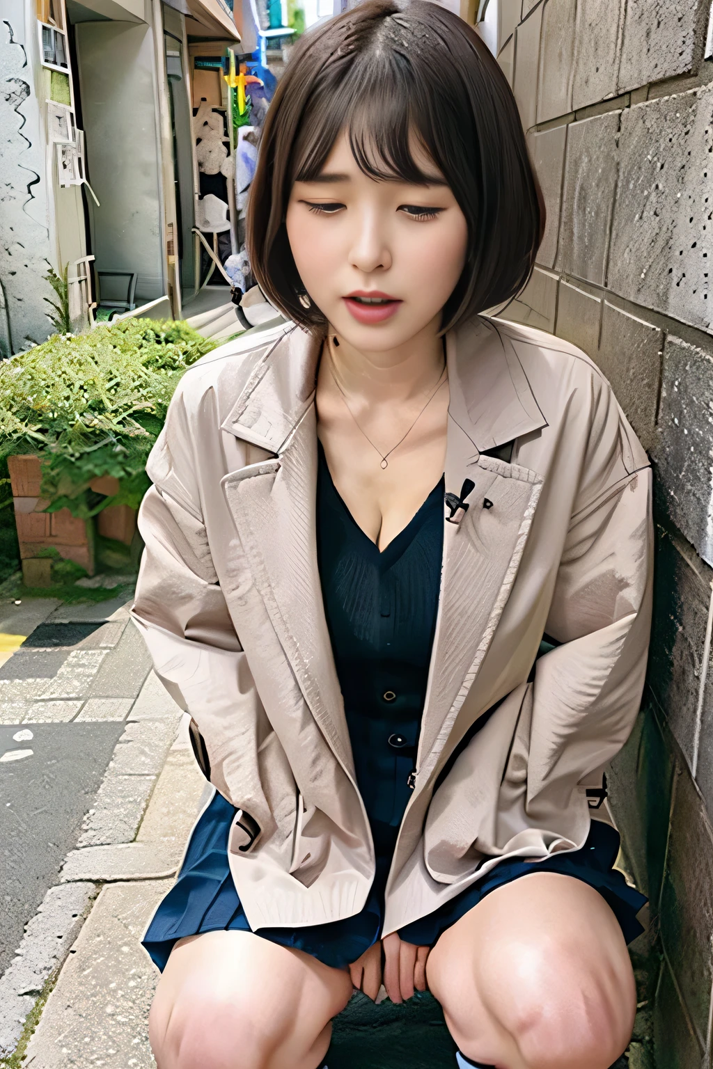 (remote_play), (remote_vibrating), ulzzang-6500-v1.1, pureerosface_v1, best quality, masterpiece, illustration, (realistic, photo-realistic:1.37), amazing, finely detail, incredibly absurdres, huge filesize, ultra-detailed, highres, extremely detailed CG unity 8k wallpaper, ray tracing, nsfw, 1girl, Japanese mature woman,jukujo, (Dark blonde short wave hair over one eye:1.3), (Slender body),(wearing jacket over V-neck sweater,wearing pleats skirt),(blushing:1.4),(cleavage), closed eyes, We witness an individual overwhelmed by the intense stimulation caused by a powerful vibrating device. The jolts of pleasure or surprise prompt them to instinctively crouch down, their knees bending as their body responds to the electrifying vibrations. With closed eyes and an open mouth, their expression conveys a mixture of pleasure, surprise, and a hint of vulnerability. The energy in the scene is palpable, as the viewer is invited to share in the subject's thrilling experience.,Glasses,At messy back alley where there are no people,