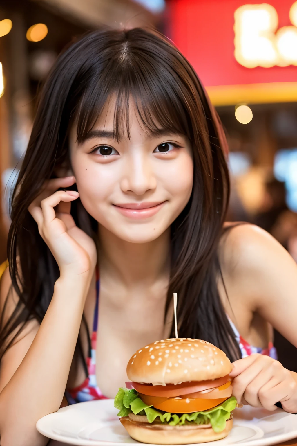 A 20-year-old woman with the cute face of an idol who looks .　Gentle and cute　Please smile kindly　Bust is larger　Bikini　Eating a delicious looking hamburger in a stylish cafe　Raw photo　real　genuine　real life　No copyright notice