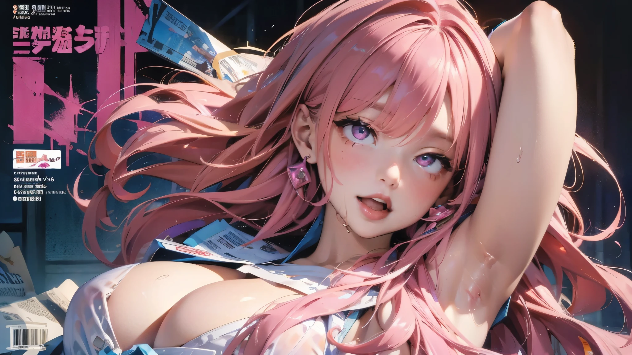 masterpiece:1.2, best quality), (magazine cover), (colorful Magazine cover with lots of text), brilliant colorful paintings, Comic cover style, (best quality, highres:1.2), 1girl, beautiful detailed eyes, (((pink hair))), beautiful detailed lips, extremely detailed eyes and face, long eyelashes, vivid colors, HDR, studio lighting, ultra-fine painting, sharp focus, physically-based rendering, extreme detail description, portraitig breasts, perfect shape, showing armpit, facing viewer, sweaty, gorgeous, arms up, sleeveless corset, magazine cover, (highly detailed:1.2), ahegao, rolling eyes, cross-eyed, open mouth, tongue out, naughty face, (((pink hair))), hair straight, mostly cloudy sky,(((tmasterpiece),(Very detailed CG unity 8K wallpaper),best qualtiy,cinmatic lighting,detailed back ground,beatiful detailed eyes,(Very fine and beautiful),(Beautiful and detailed eye description),ultra - detailed,tmasterpiece,)),facing at camera,A high resolution,ultra - detailed),revealing breast, wet all over body