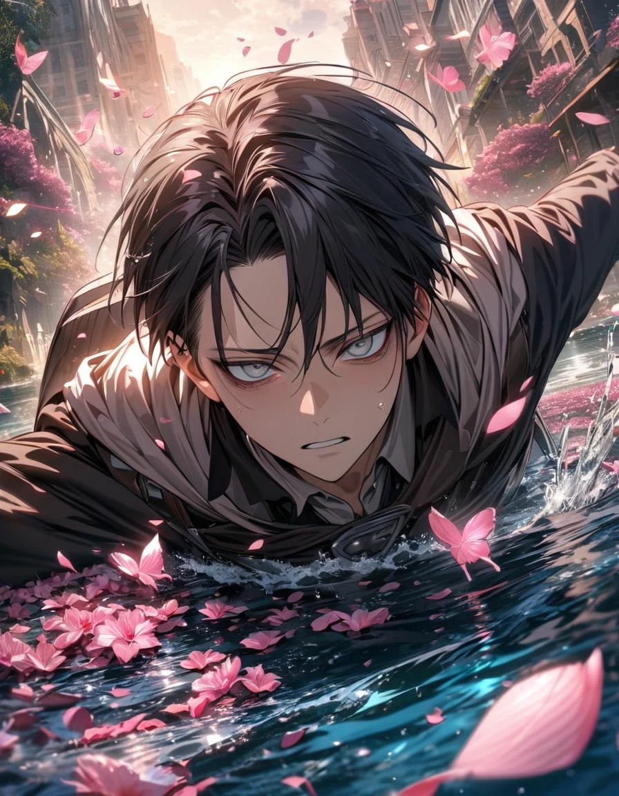 absurdres, highres, ultra detailed, HDR, master piece, best quality, Levi Ackerman, black hair, expressive grey eyes, dark circles under the eyes, Attack On Titan, 1 adult man, extremely handsome, pink petals, water, pink butterflies, pink flowers, extremely detailed face and eyes 