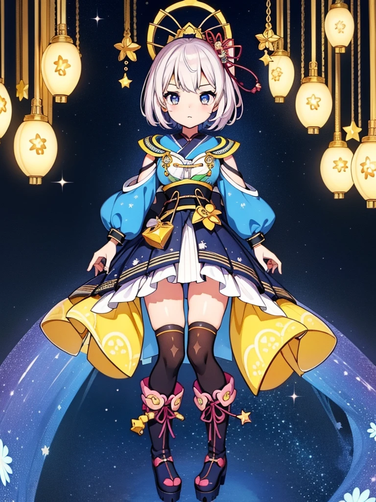 1girl、vtuber-fullbody、8K、Star Fairy、masterpiece、official art、Super detailed、super beautiful、かわいいStar Fairy、white straight short hair、Milky Way、universe、star charm、Star、baby face、Knee-high boots、Japanese pattern dress、浴衣をリメイクした黒と紺色のuniverseを思わせるOiranフリルドレス、universeを思わせるOiranフリルドレス、Oiran